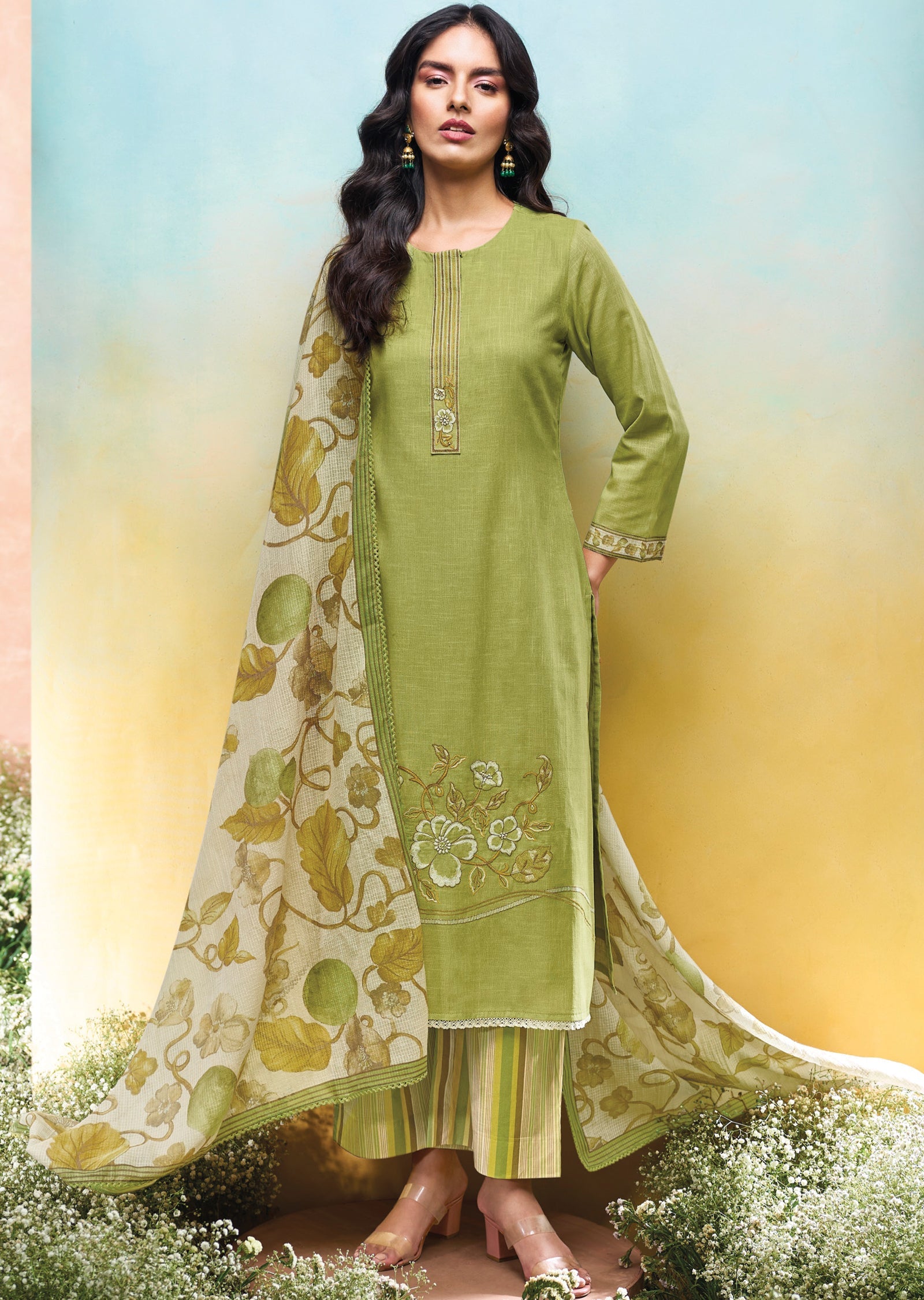 Green Cotton Straight cut Suit