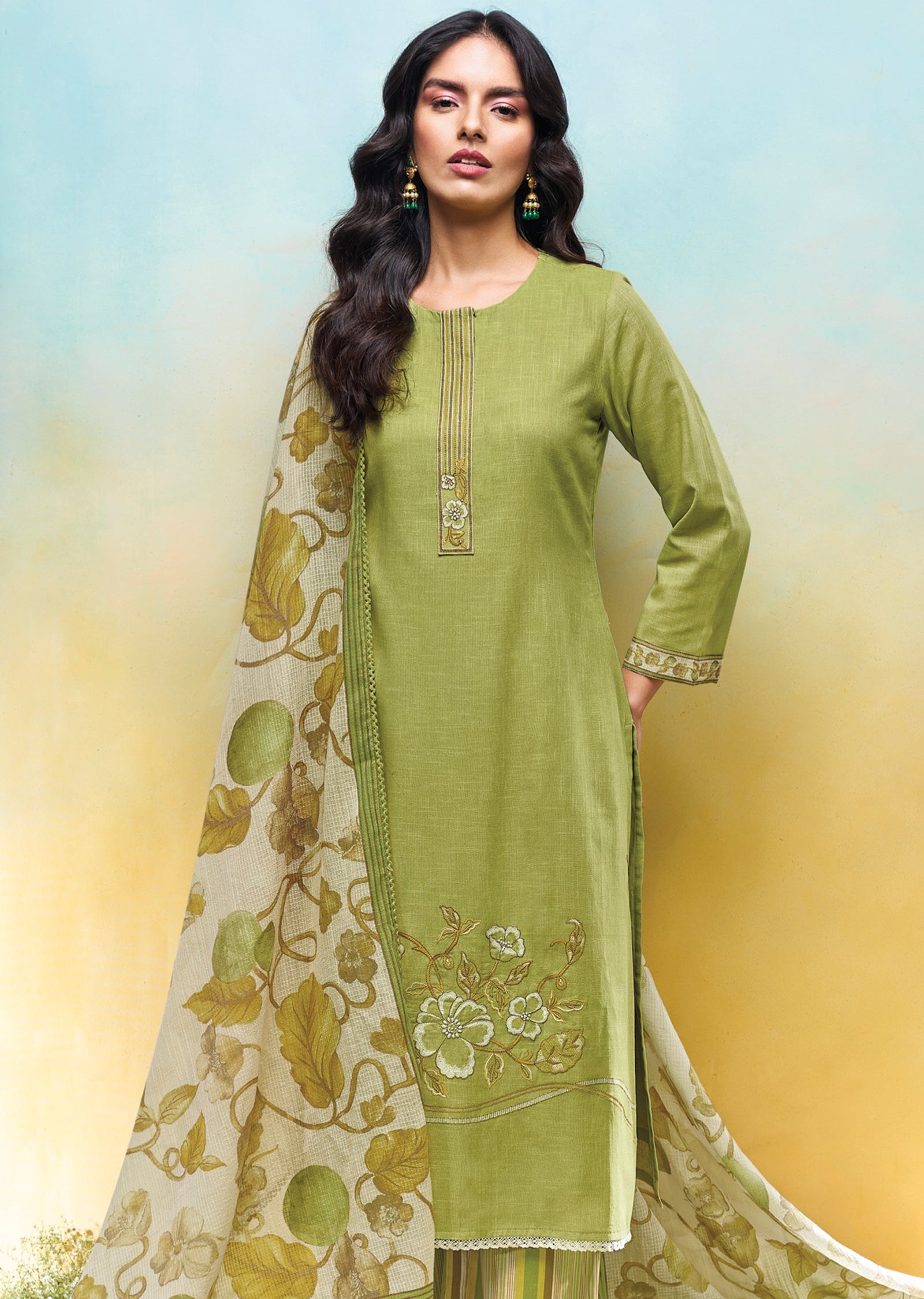 Green Cotton Straight cut Suit