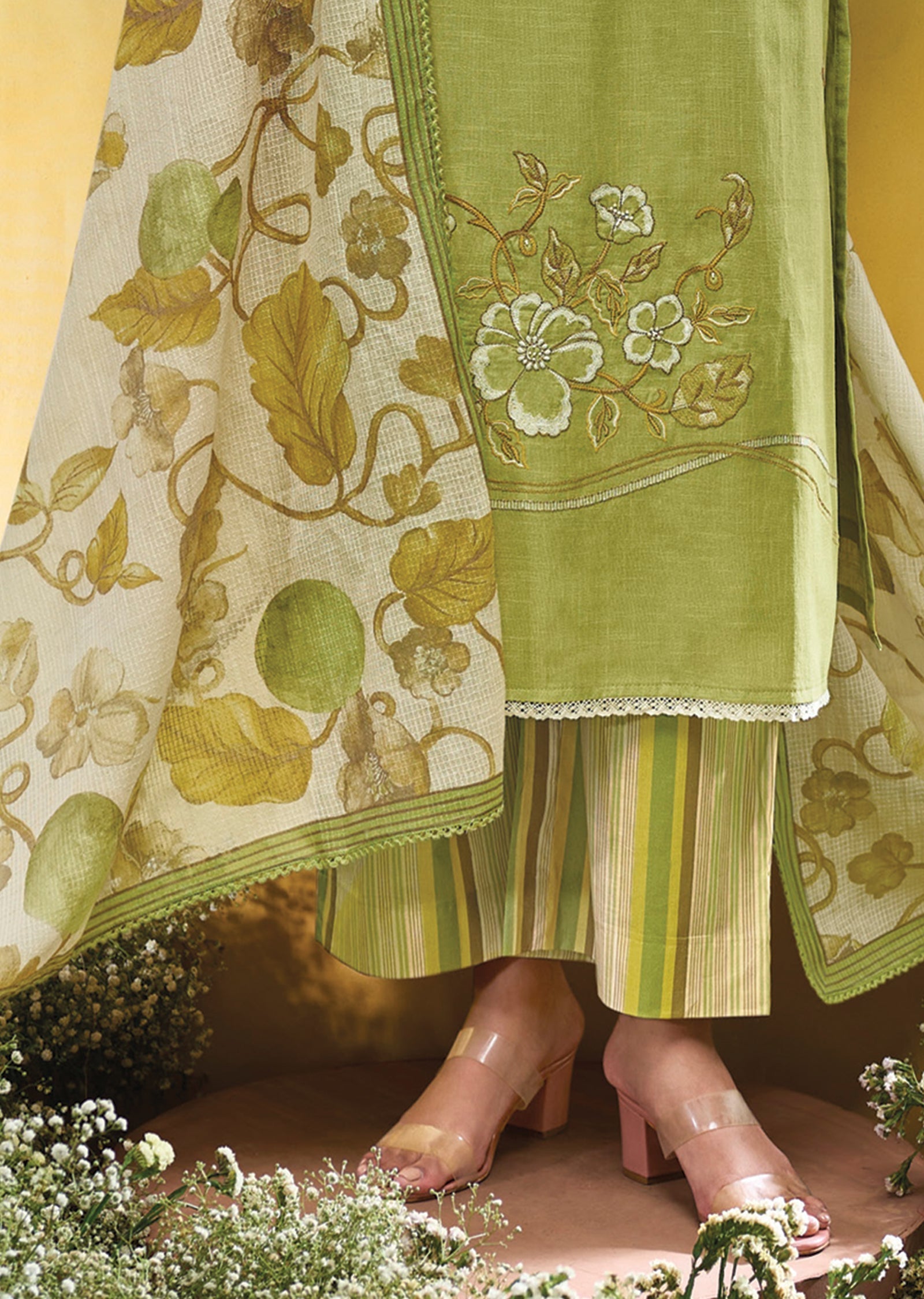 Green Cotton Straight cut Suit