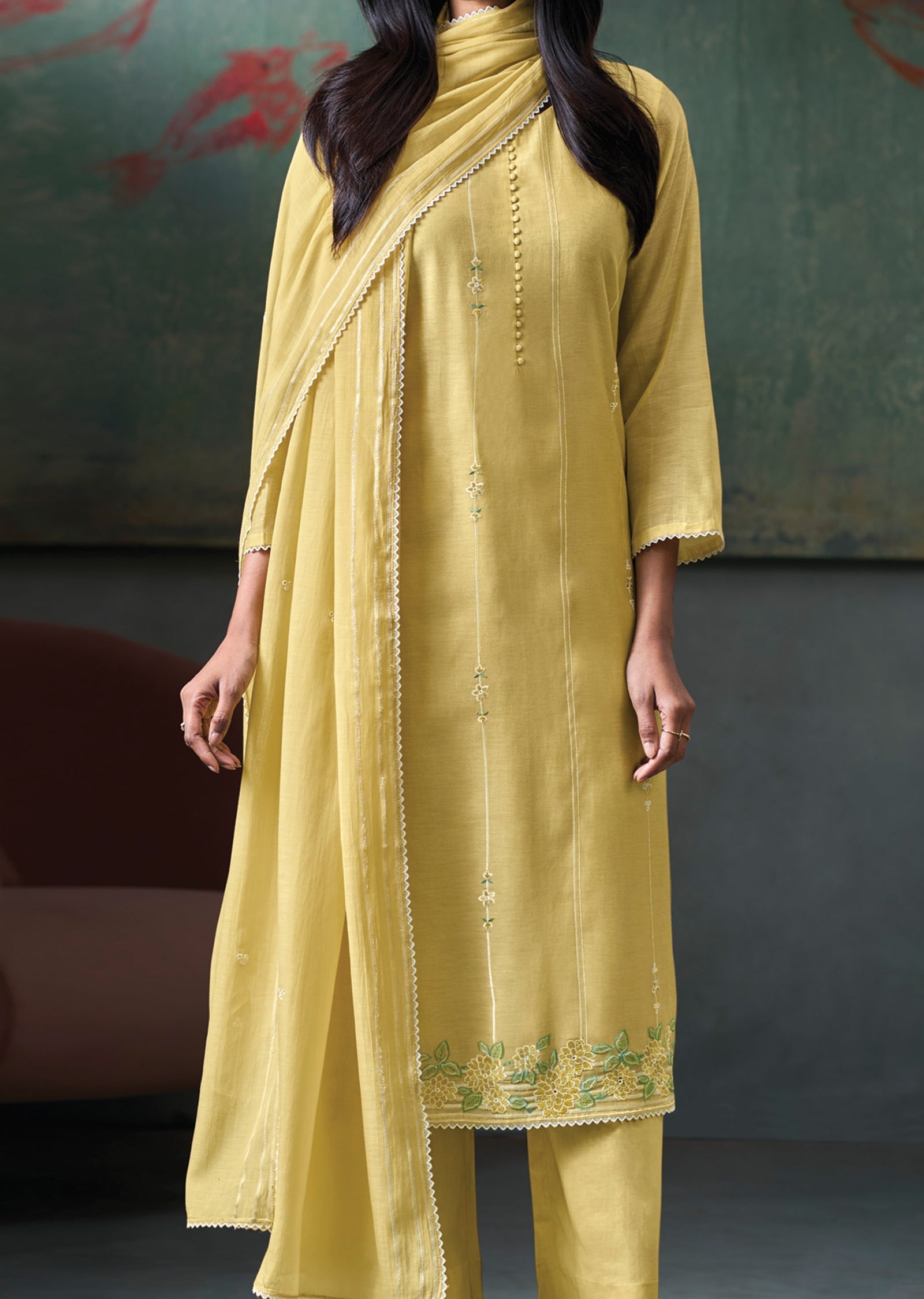 Yellow Mul Chanderi Straight cut Suit