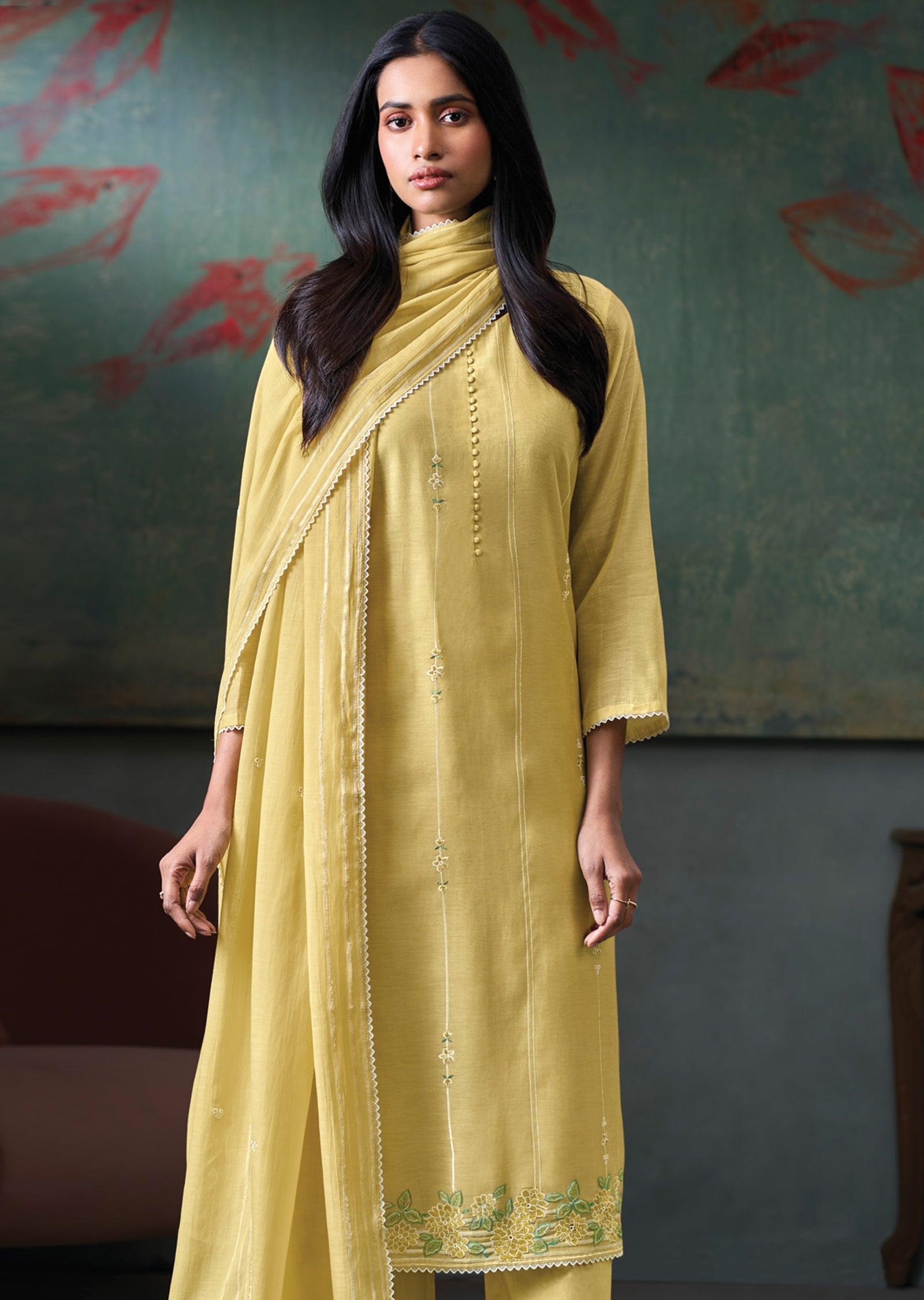 Yellow Mul Chanderi Straight cut Suit