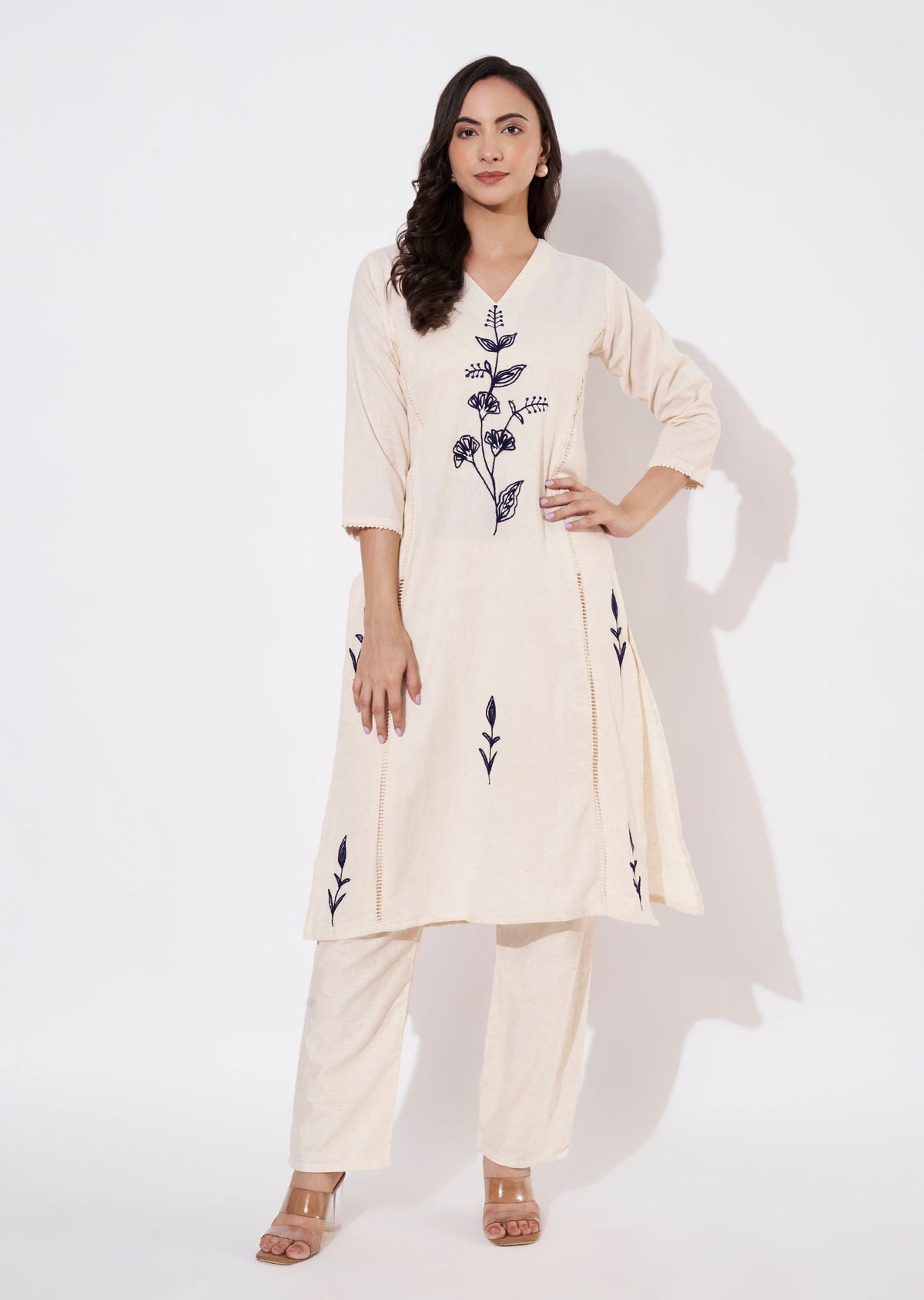 Cream & blue Cotton Kurti set
