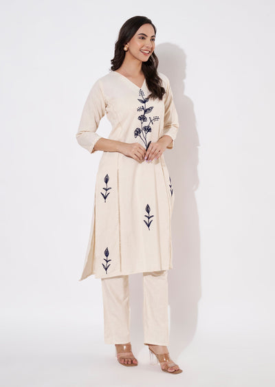 Cream & blue Cotton Kurti set