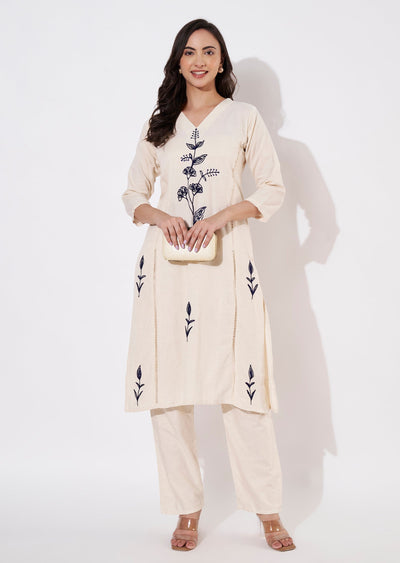 Cream & blue Cotton Kurti set