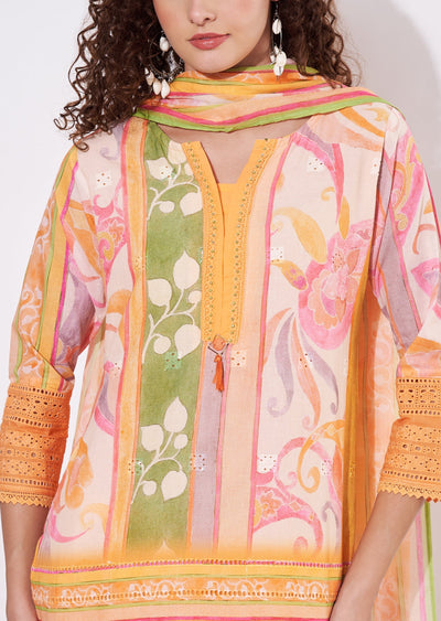 Orange Cotton Straight cut Suit