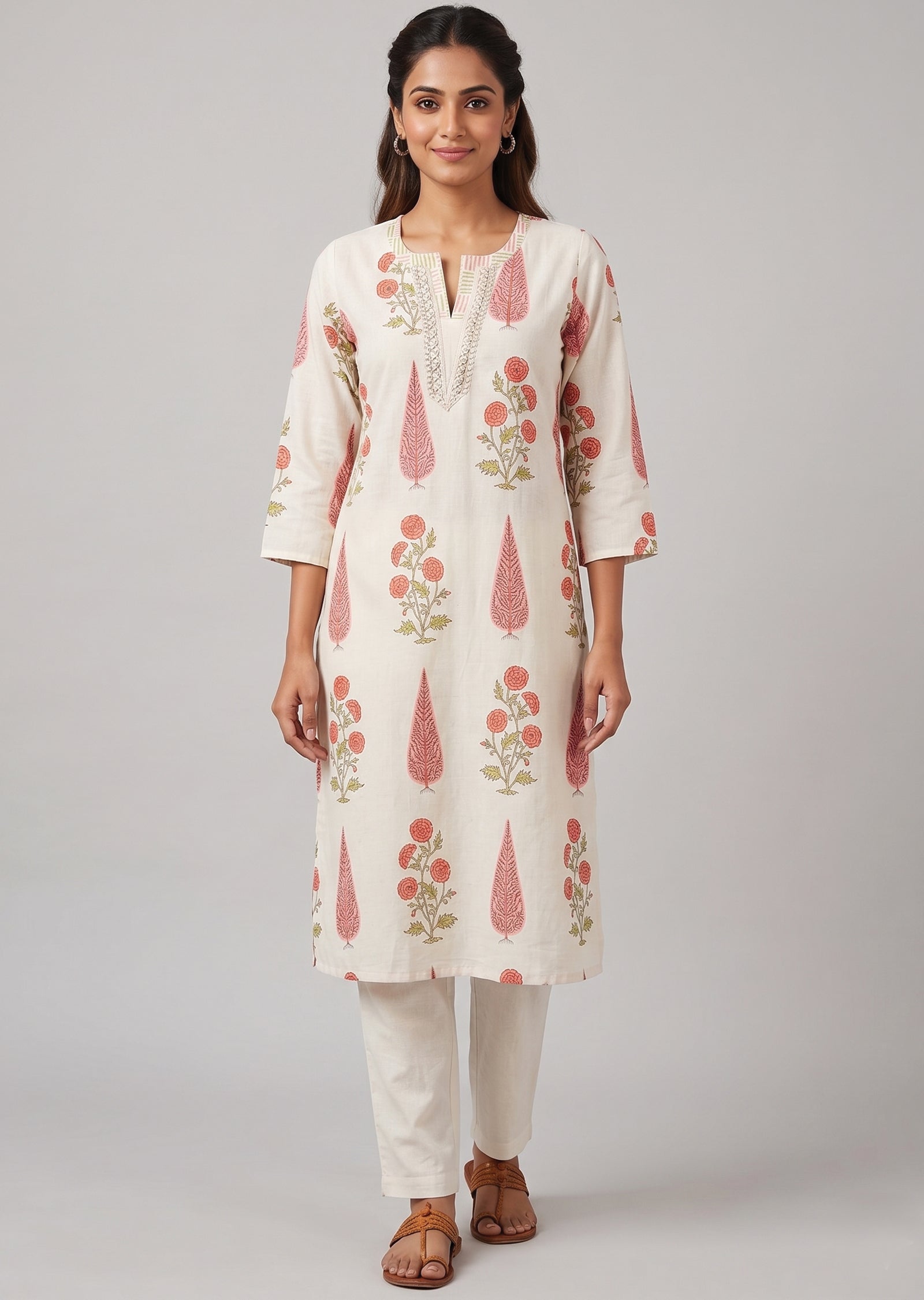 Off White & Peach Printed Cotton Kurti Set