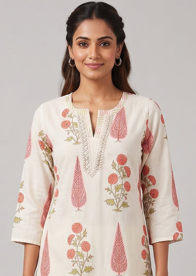 Off White & Peach Printed Cotton Kurti Set