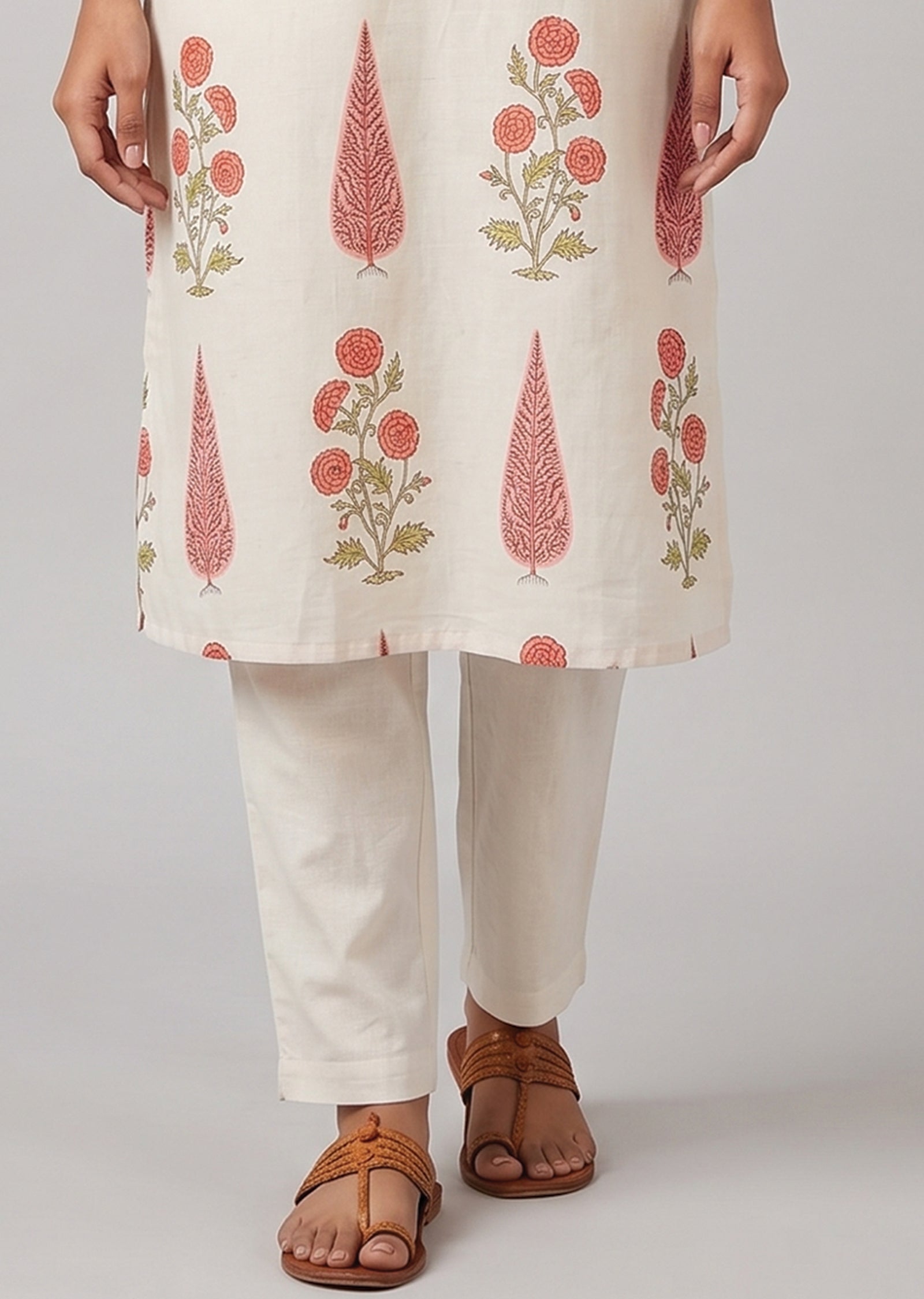 Off White & Peach Printed Cotton Kurti Set