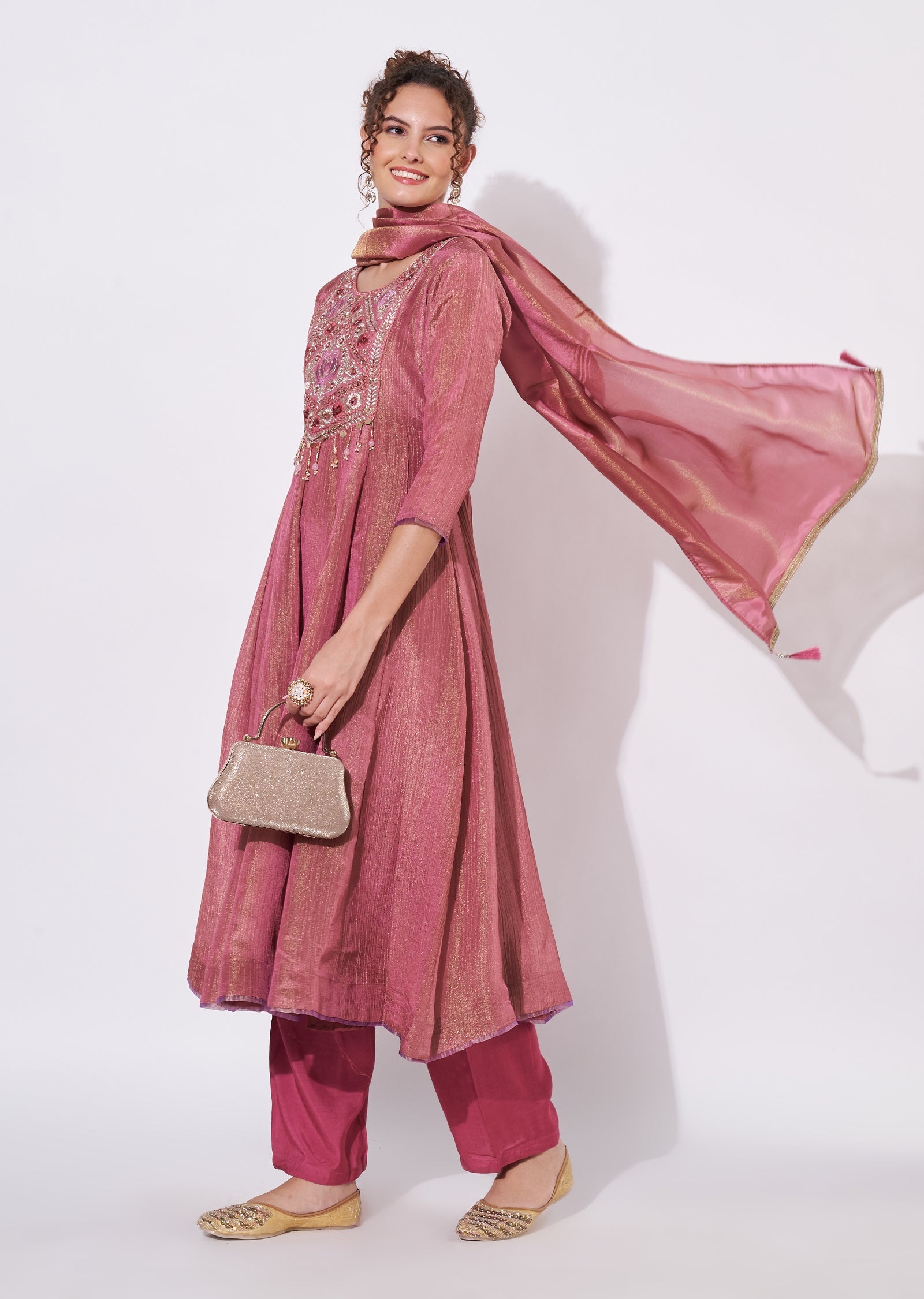 Dark Pink Tissue Anarkali Suit