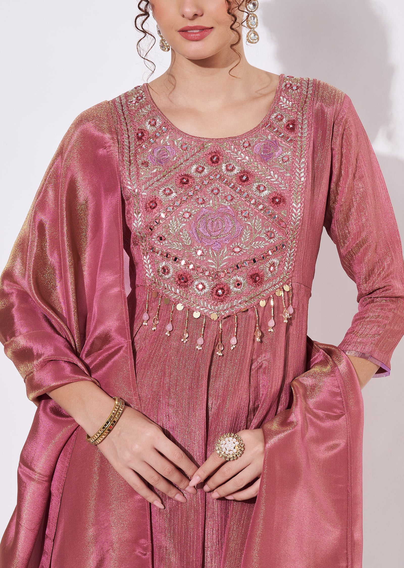 Dark Pink Tissue Anarkali Suit