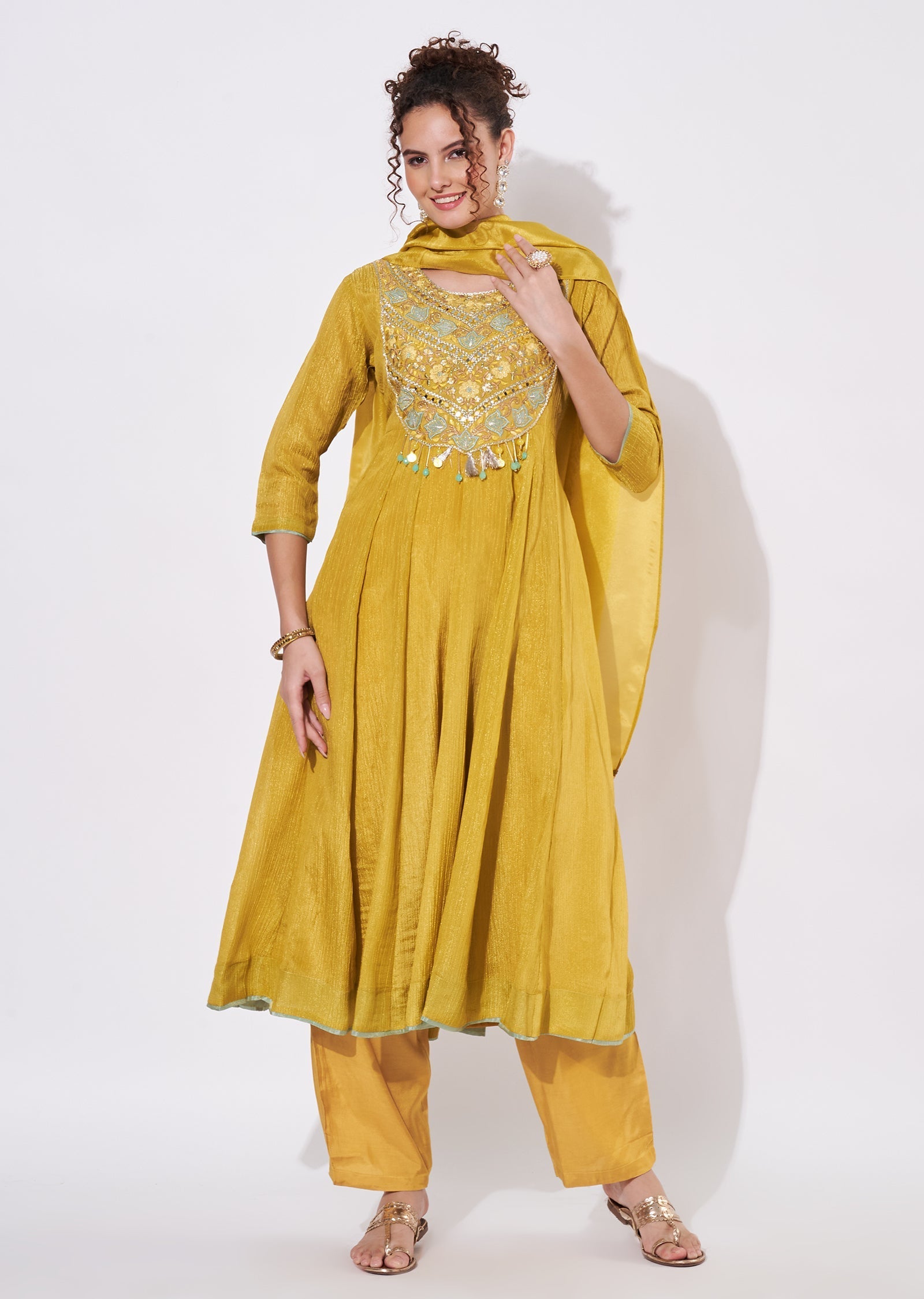Mustard Tissue Anarkali Suit