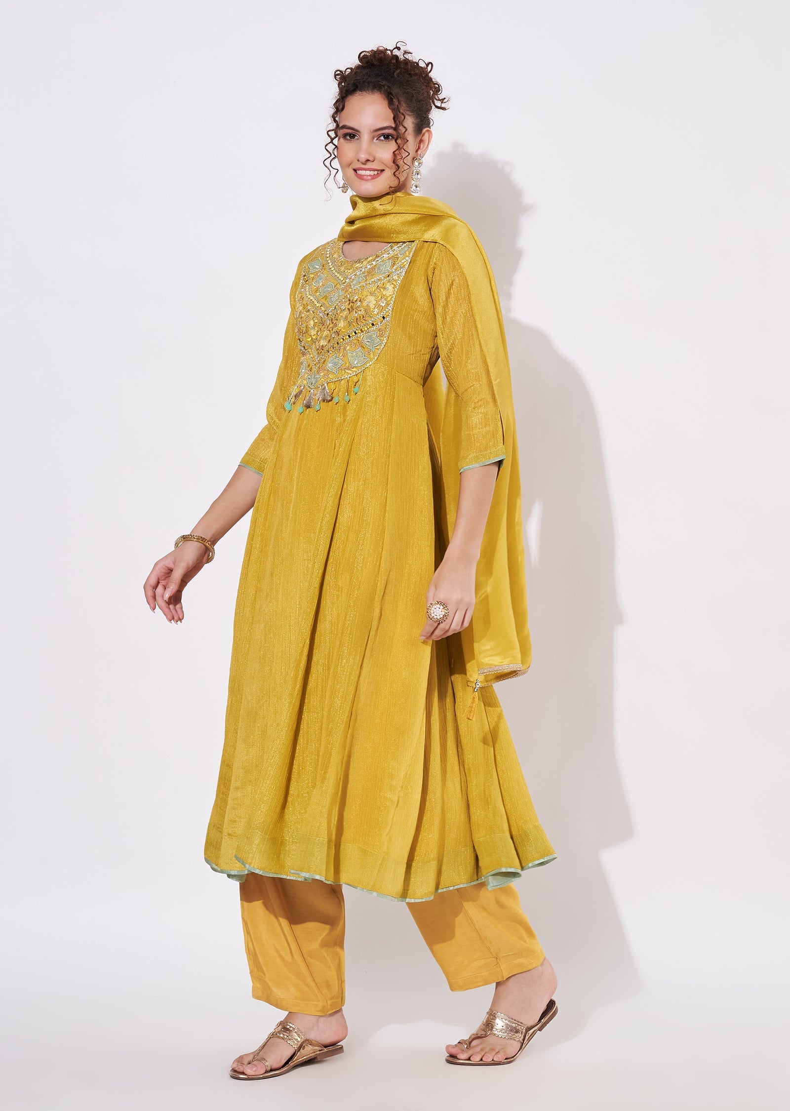 Mustard Tissue Anarkali Suit
