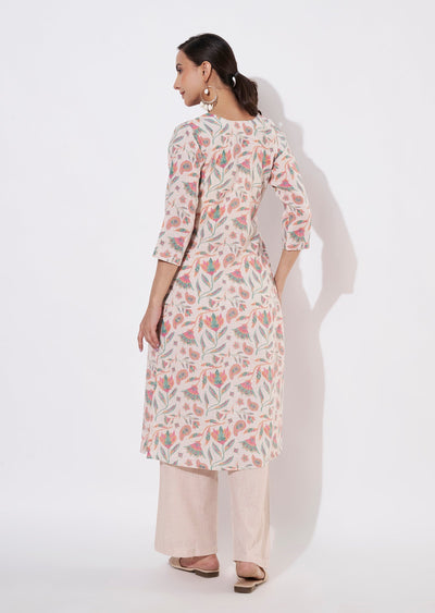 Cream & Pink Cotton Kurti set