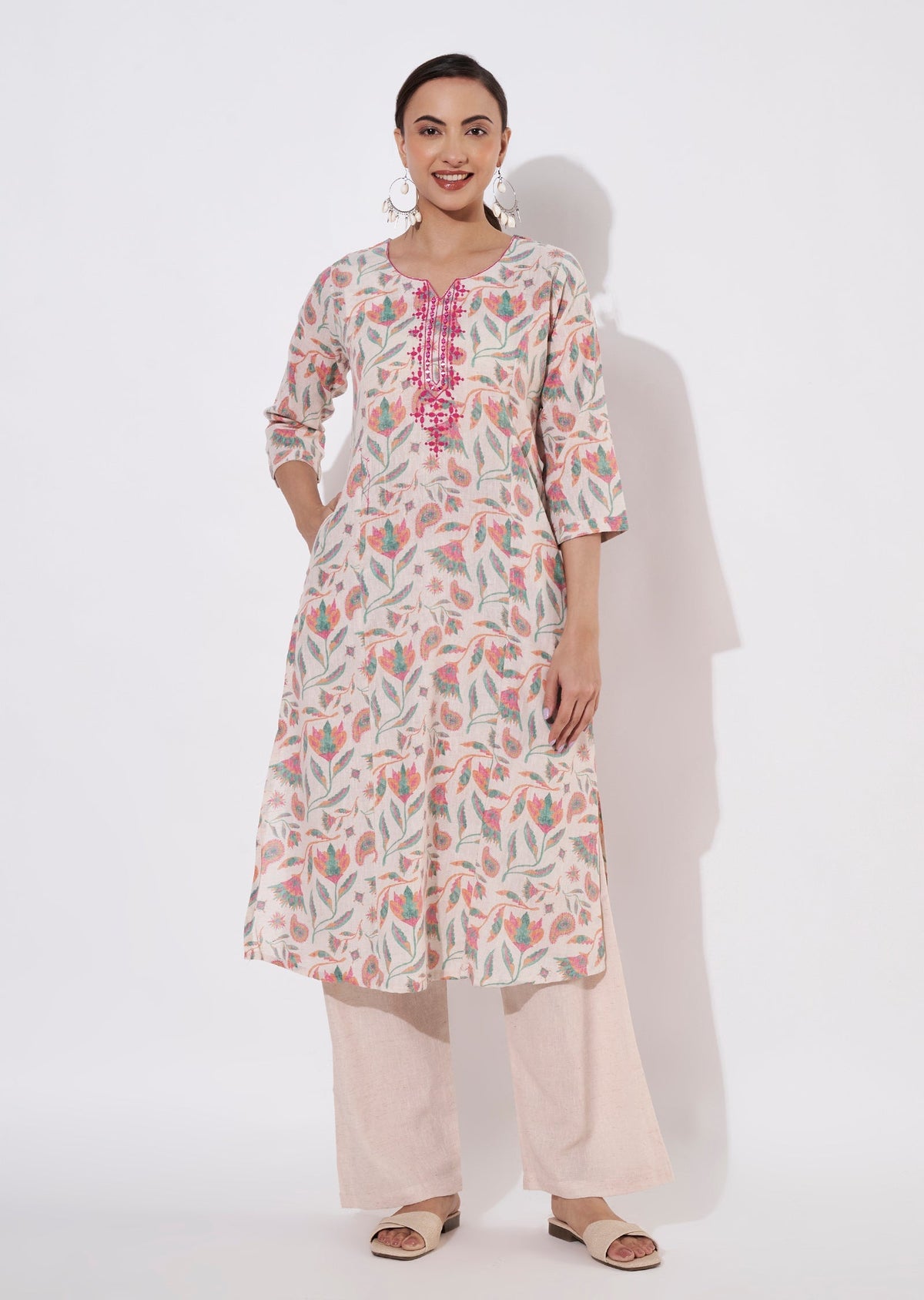 Cream & Pink Cotton Kurti set