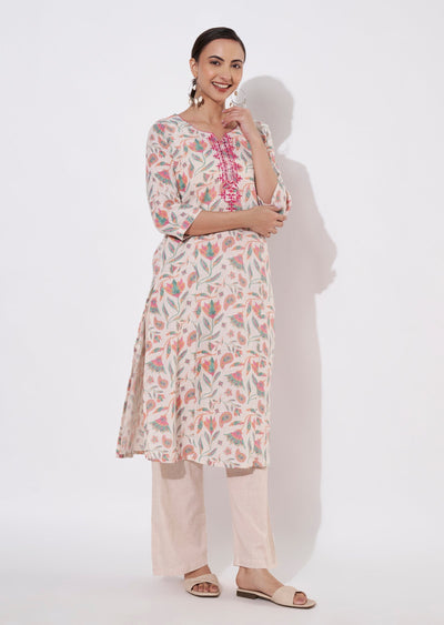 Cream & Pink Cotton Kurti set