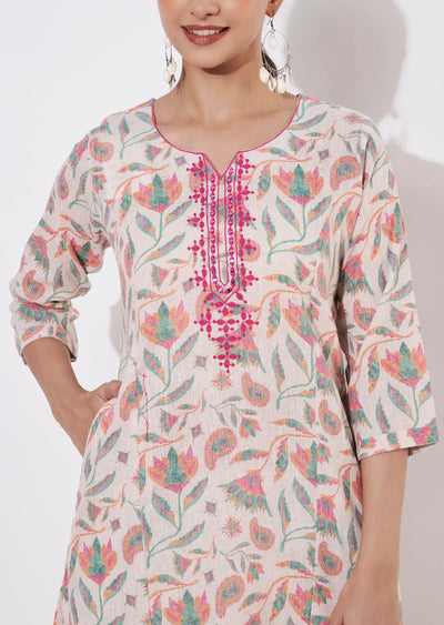 Cream & Pink Cotton Kurti set