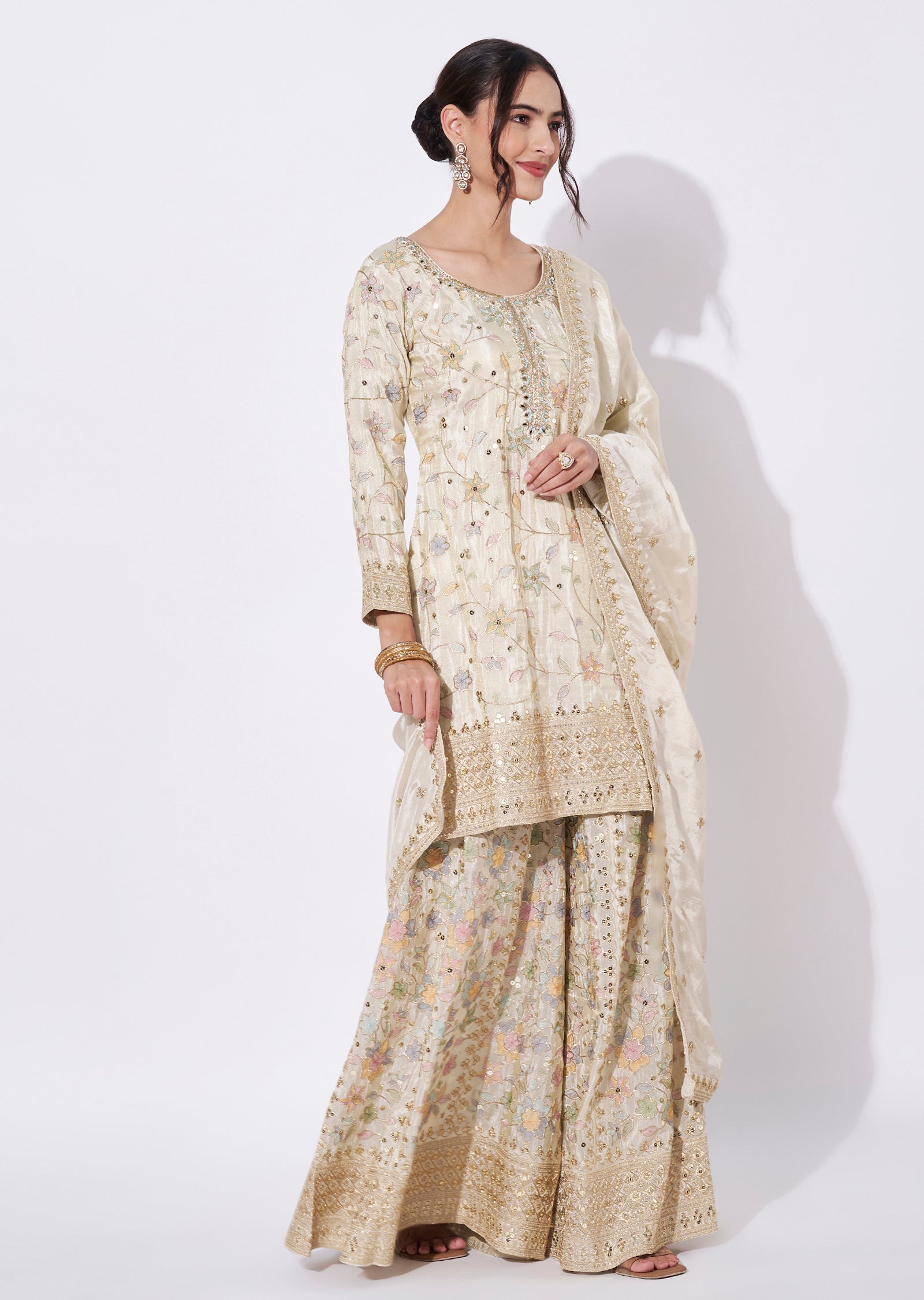 Cream Tissue Sharara Set