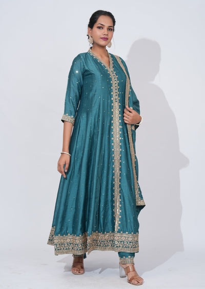 Blue silk Anarkali Suit
