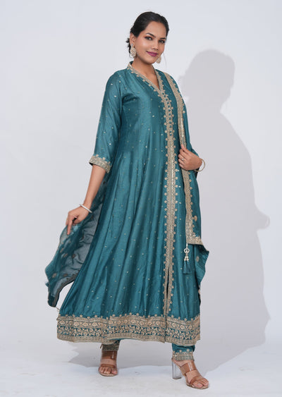 Blue silk Anarkali Suit