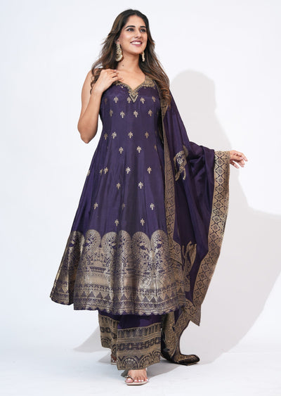 Purple Silk Anarkali Set