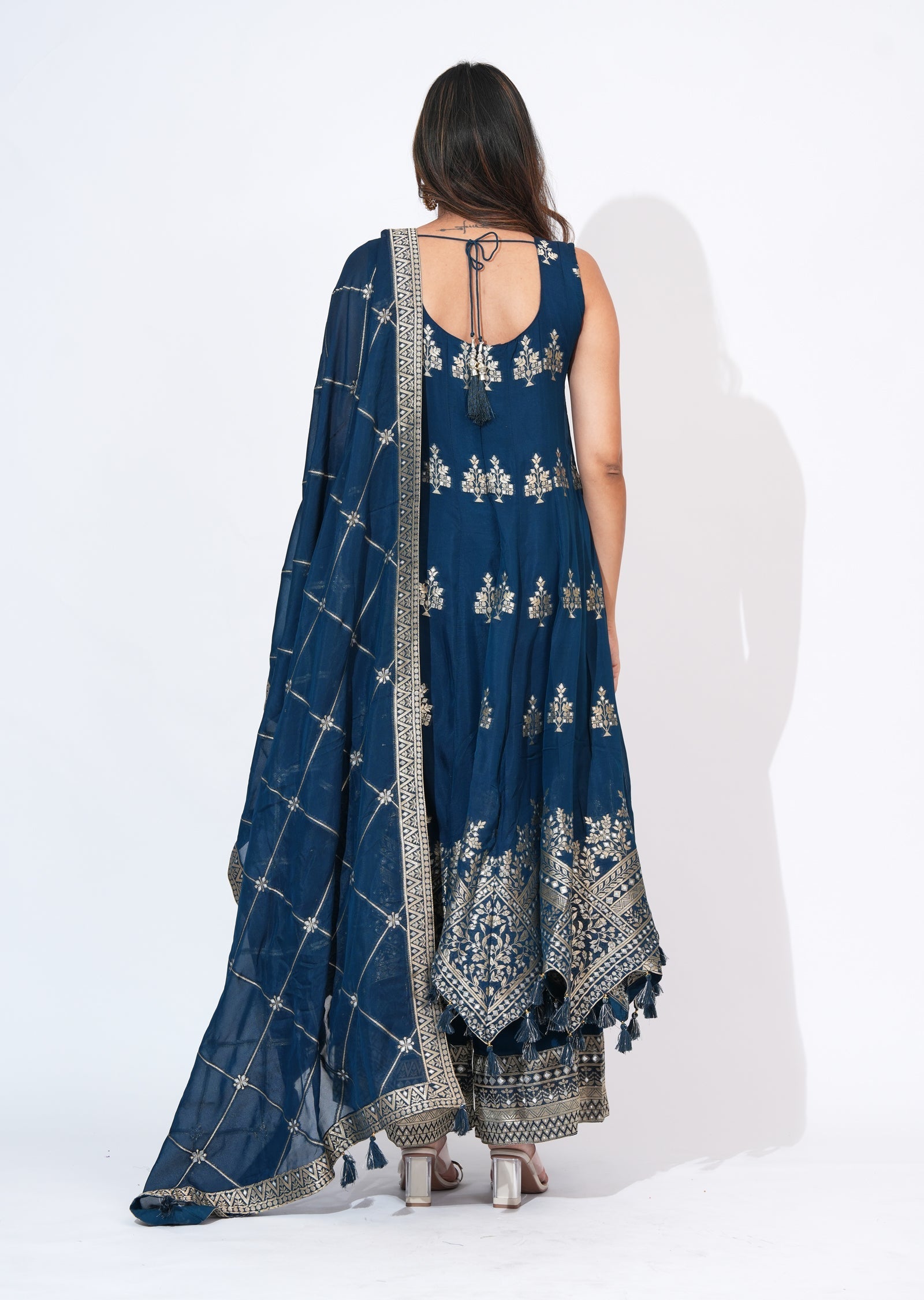 Blue Chinnon Anarkali Set