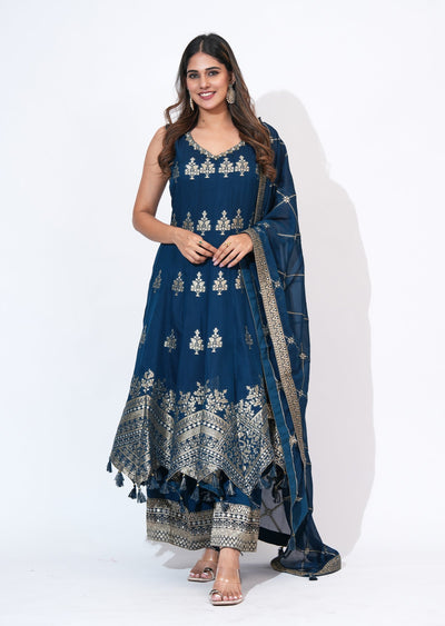 Blue Chinnon Anarkali Set