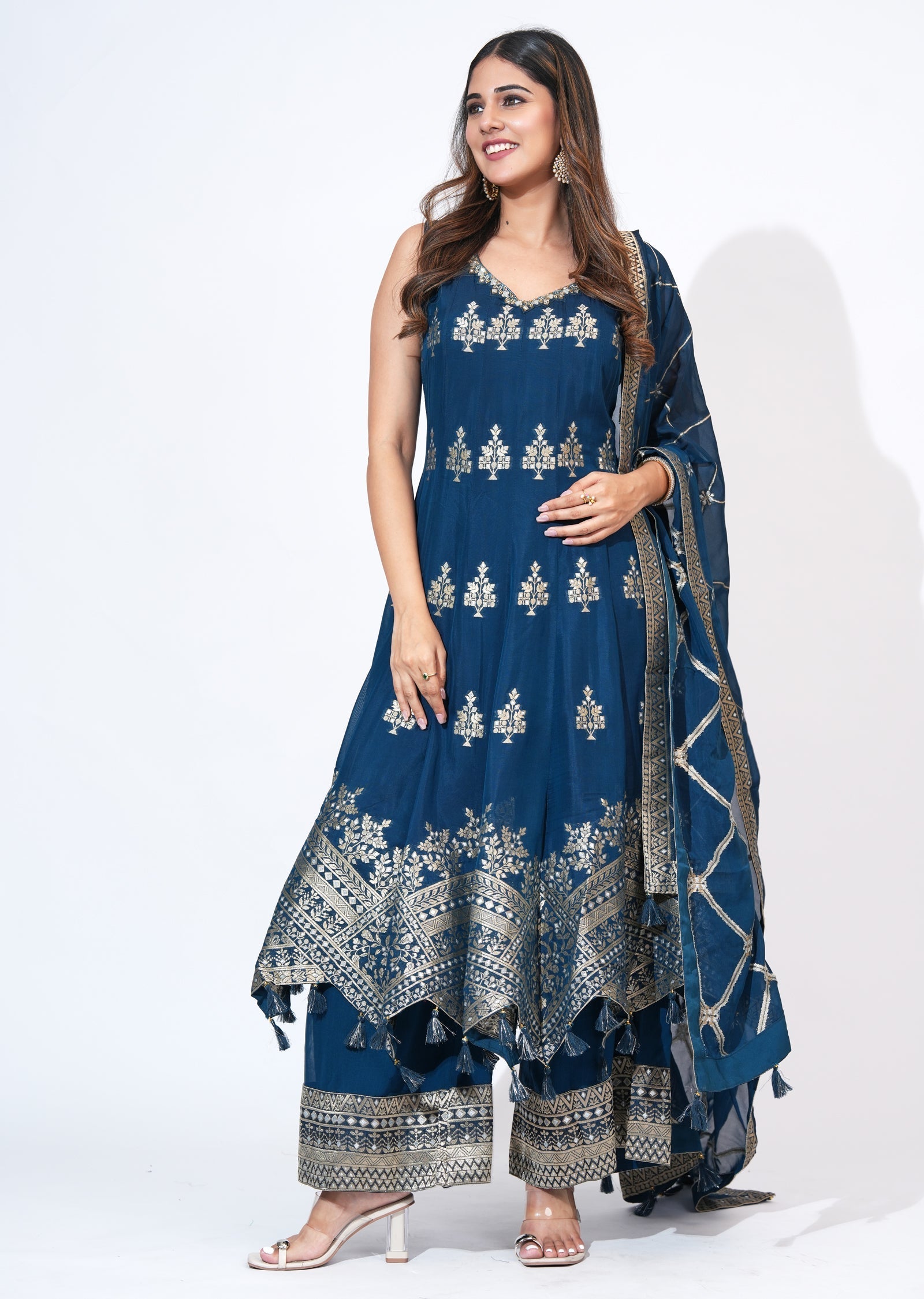 Blue Chinnon Anarkali Set
