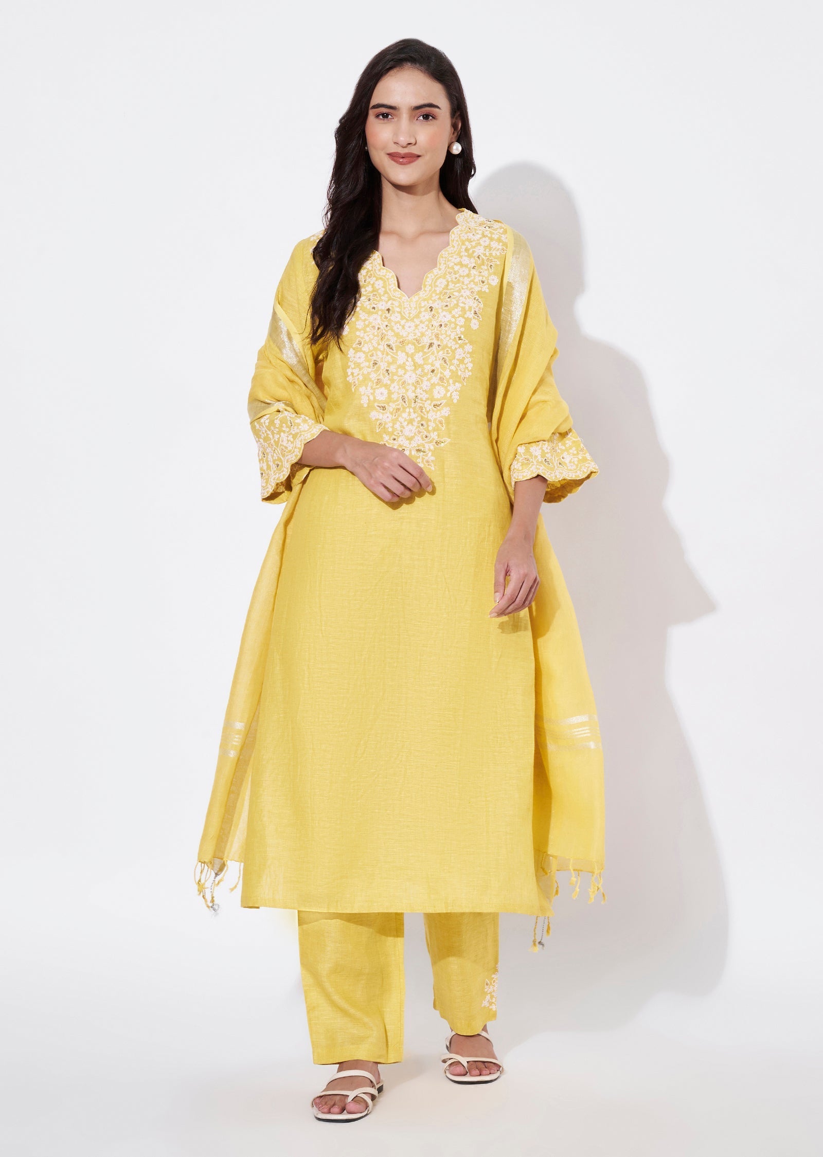 Light Yellow Cotton Straight Cut Suit