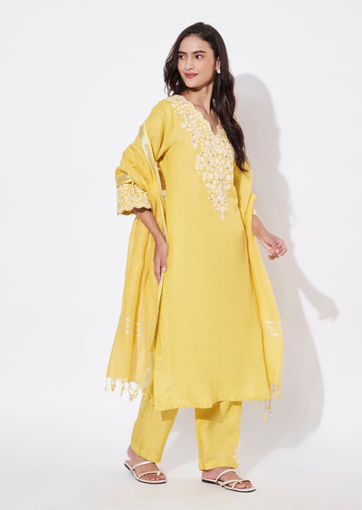 Light Yellow Cotton Straight Cut Suit