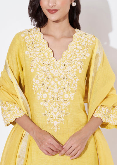 Light Yellow Cotton Straight Cut Suit