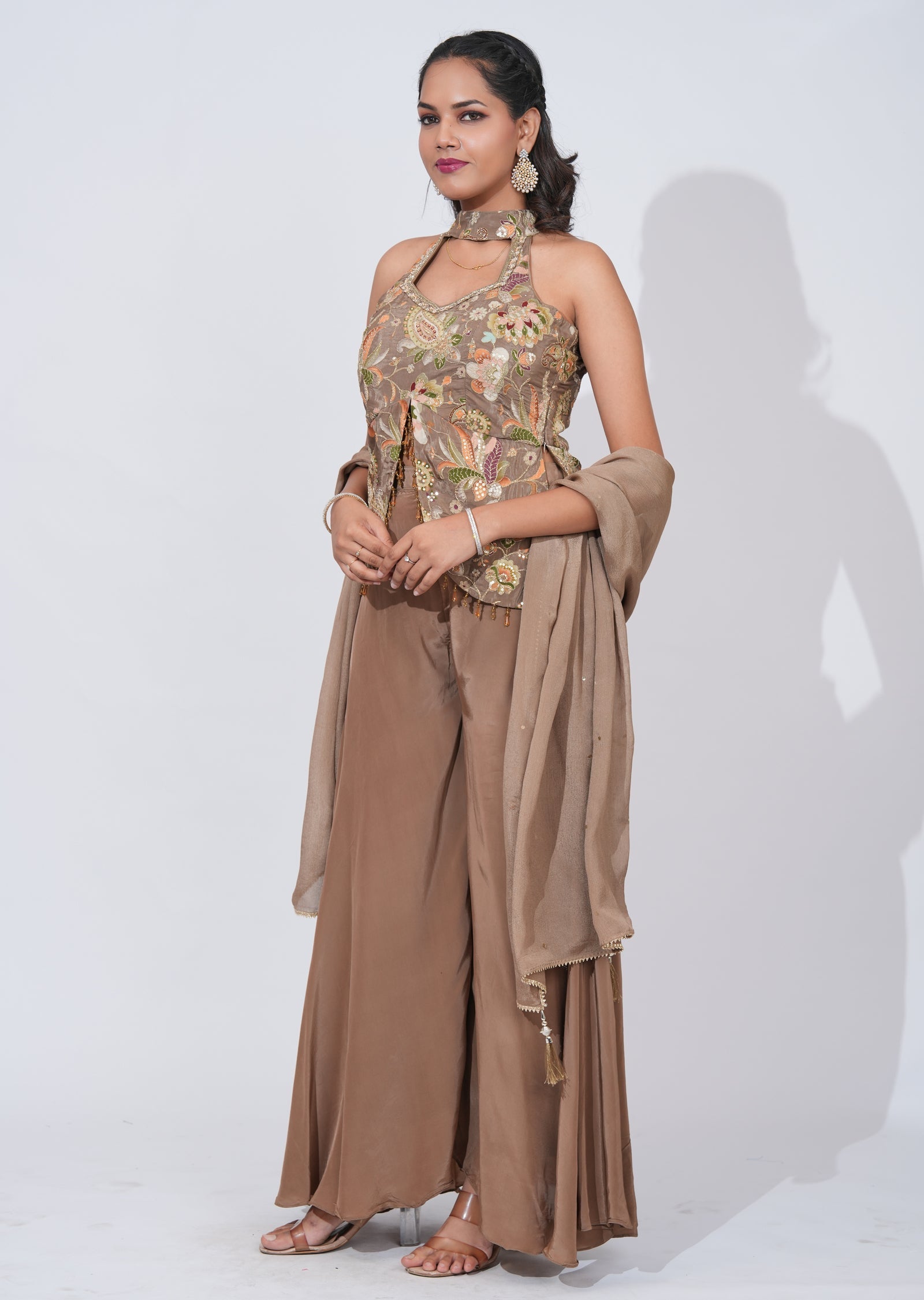 Beige Chinnon Sharara Set