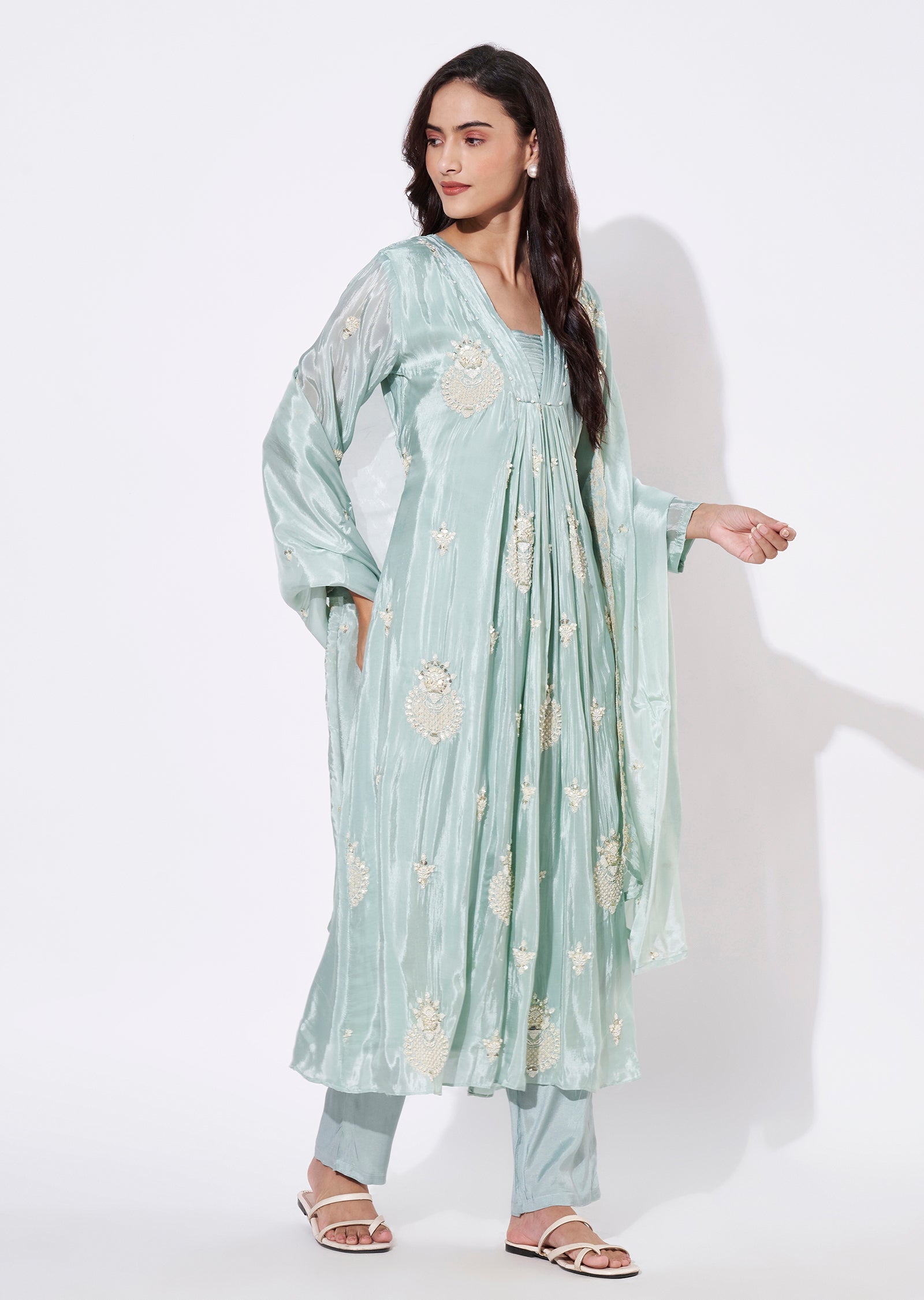 Light Green Chinnon Anarkali Suit