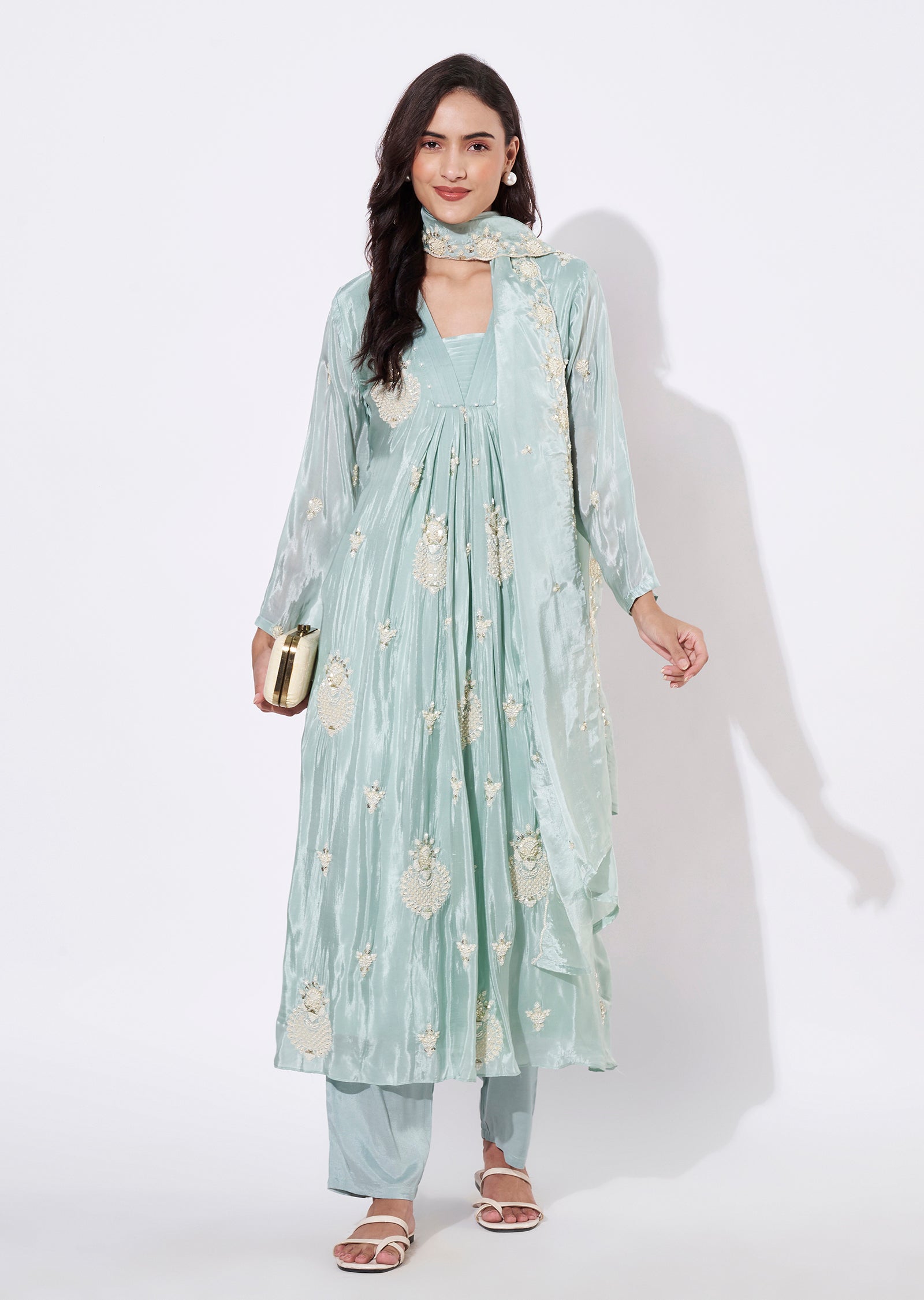 Light Green Chinnon Anarkali Suit