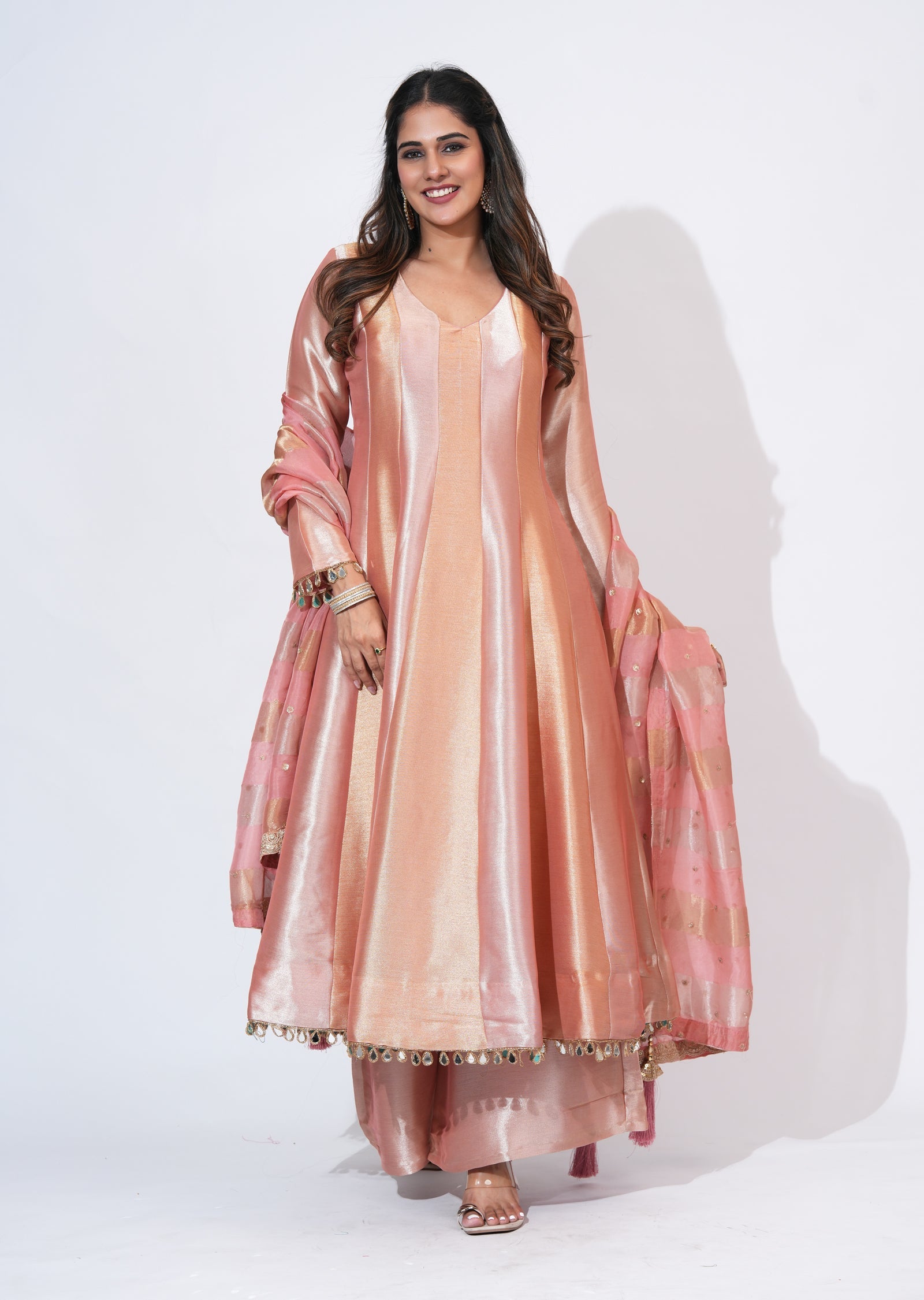 Peach Tissue Anarkali Set