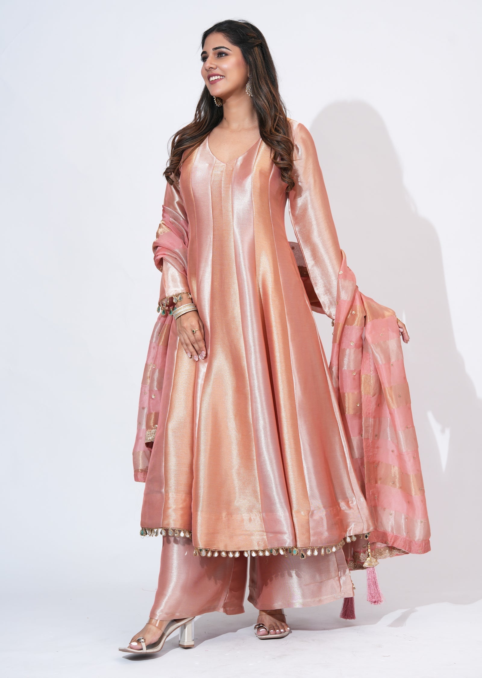 Peach Tissue Anarkali Set