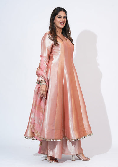 Peach Tissue Anarkali Set