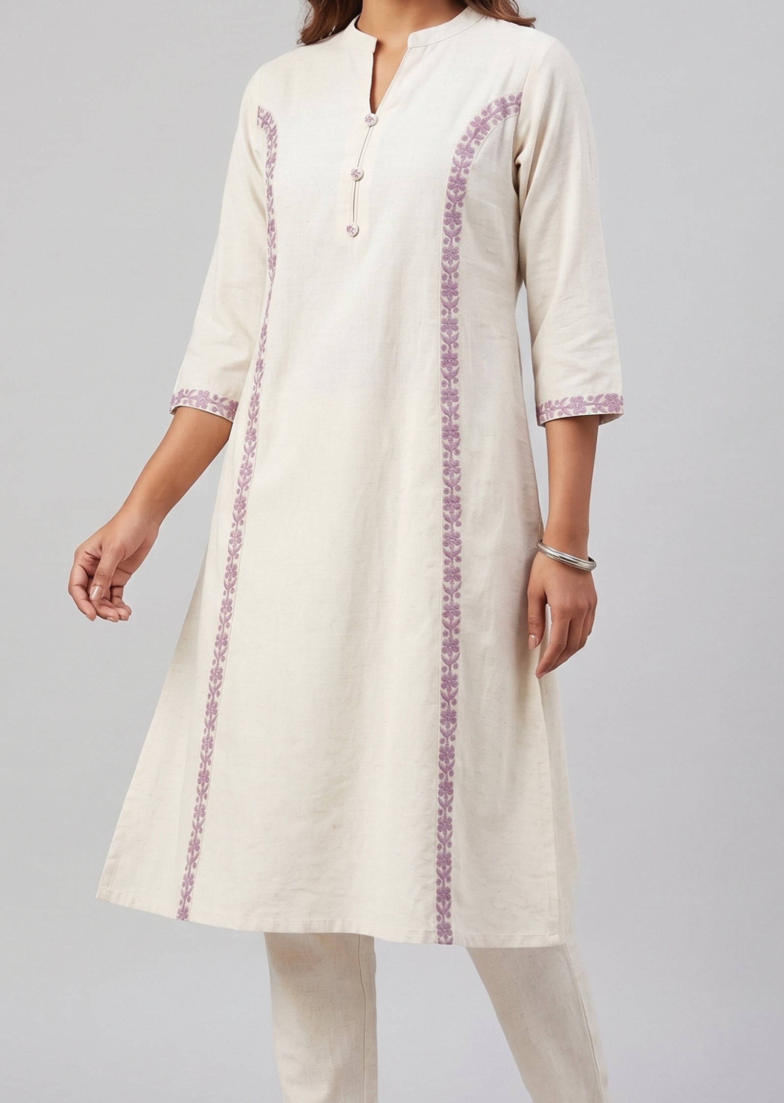 Cream & purple Cotton Kurti Set