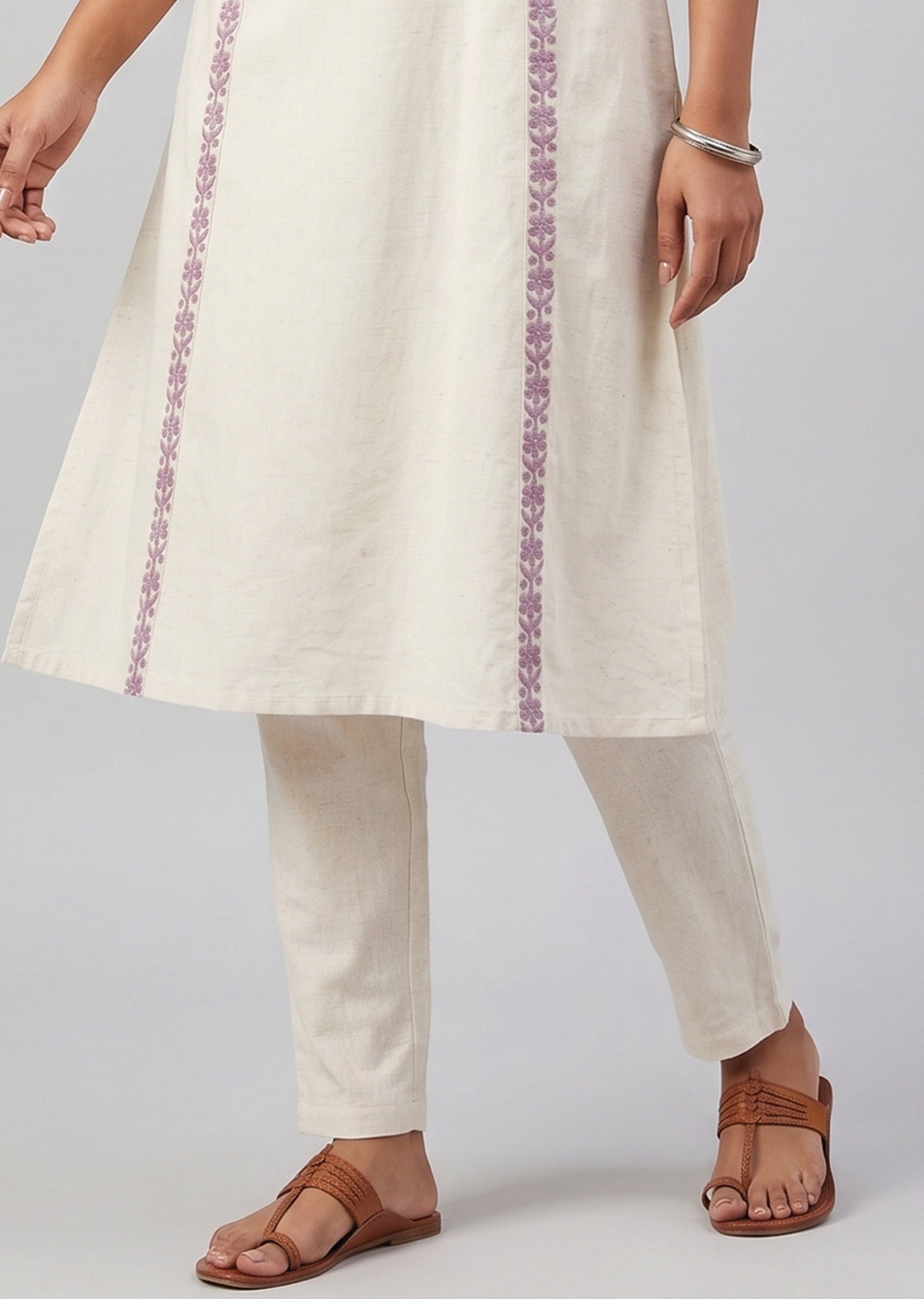 Cream & purple Cotton Kurti Set