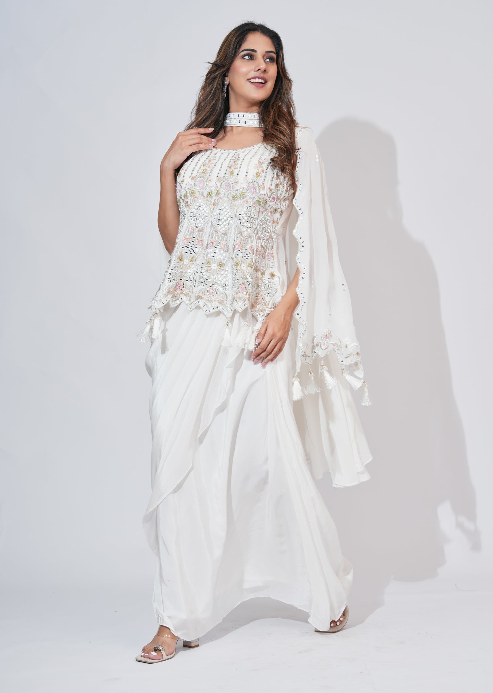 White Silk Indowestern Set