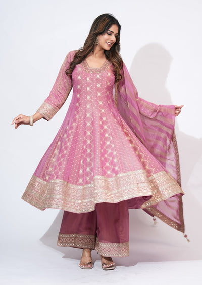 Pink Tissue Anarkali Set