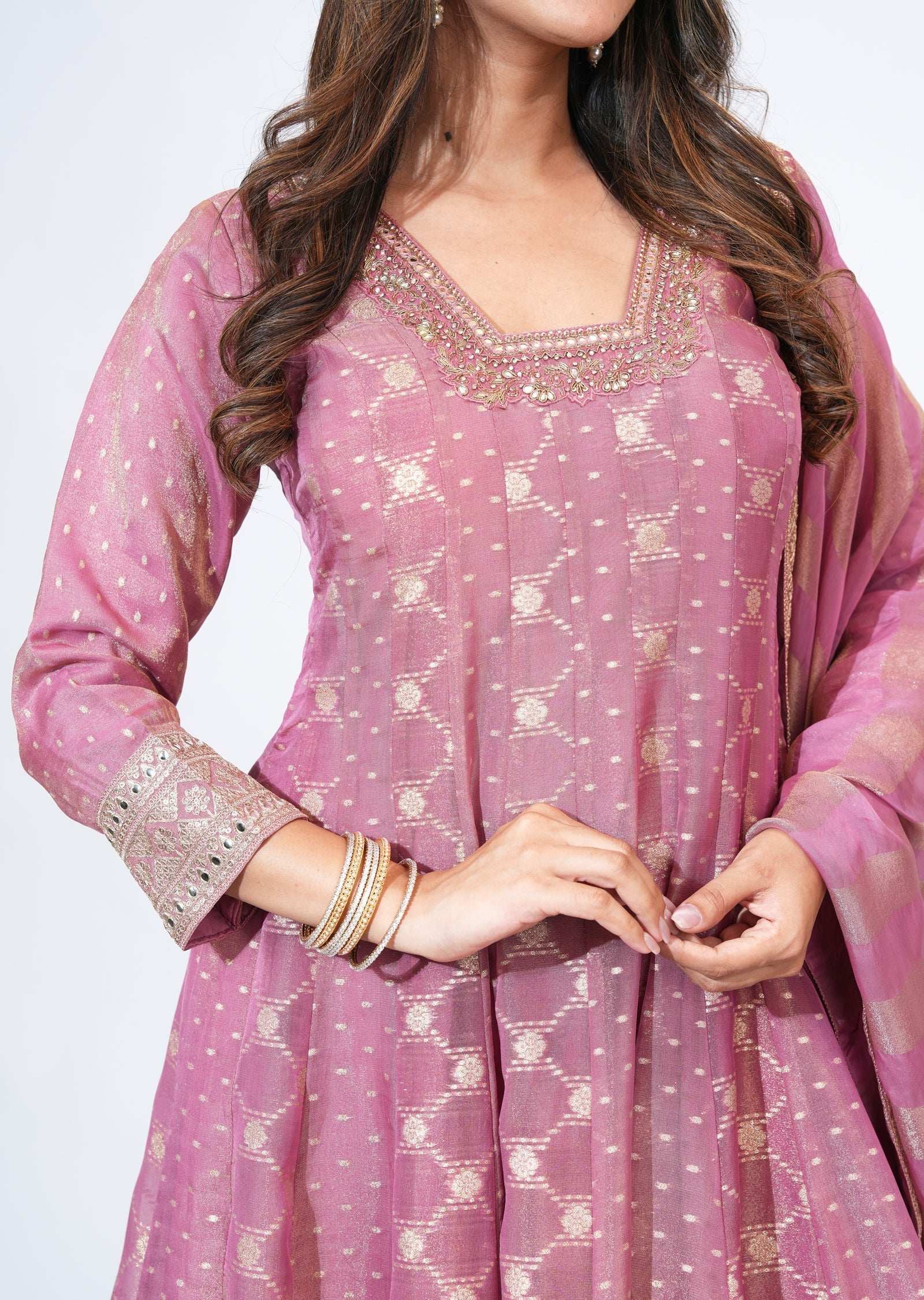 Pink Tissue Anarkali Set