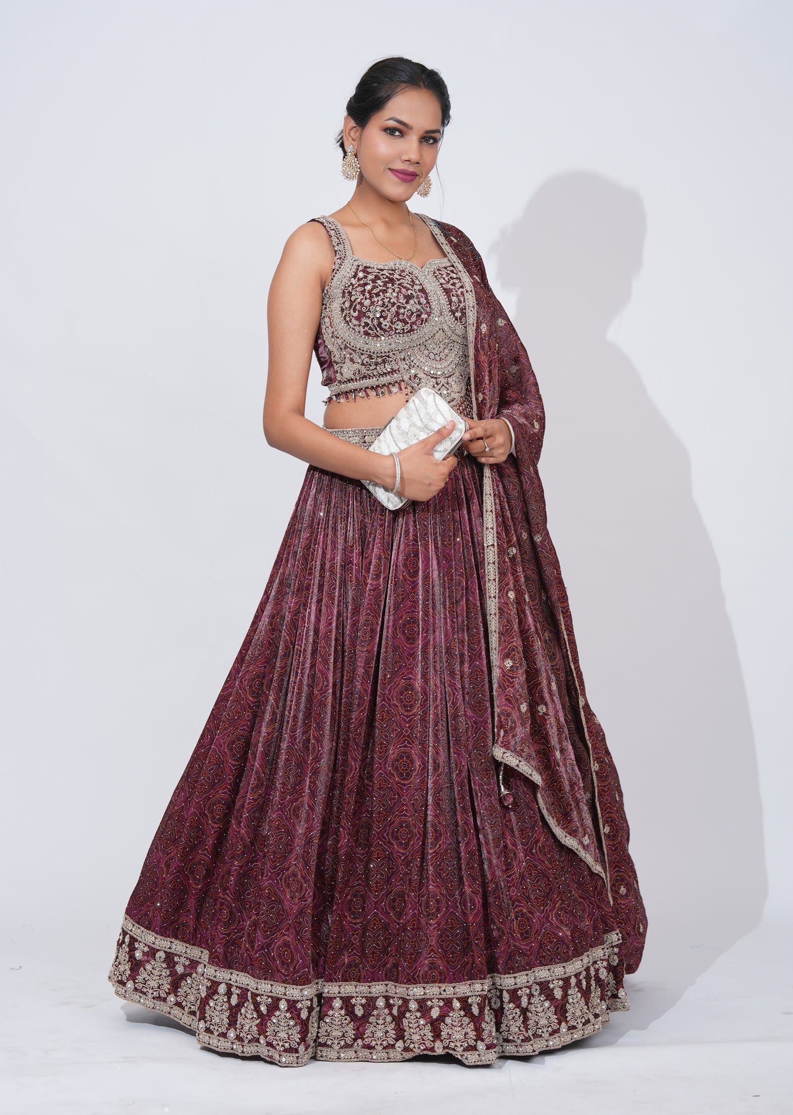 Wine Chinnon Lehenga Set