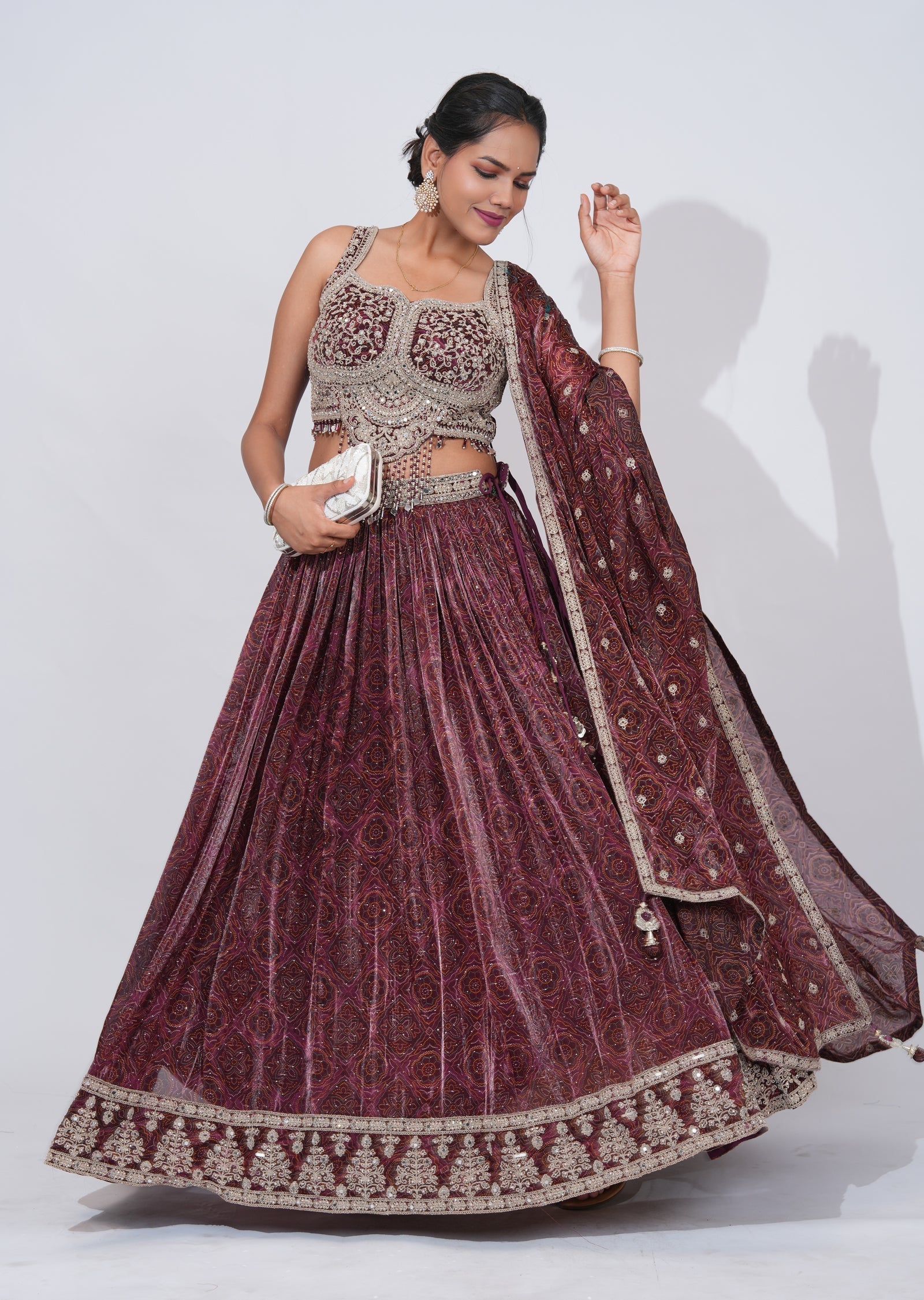 Wine Chinnon Lehenga Set