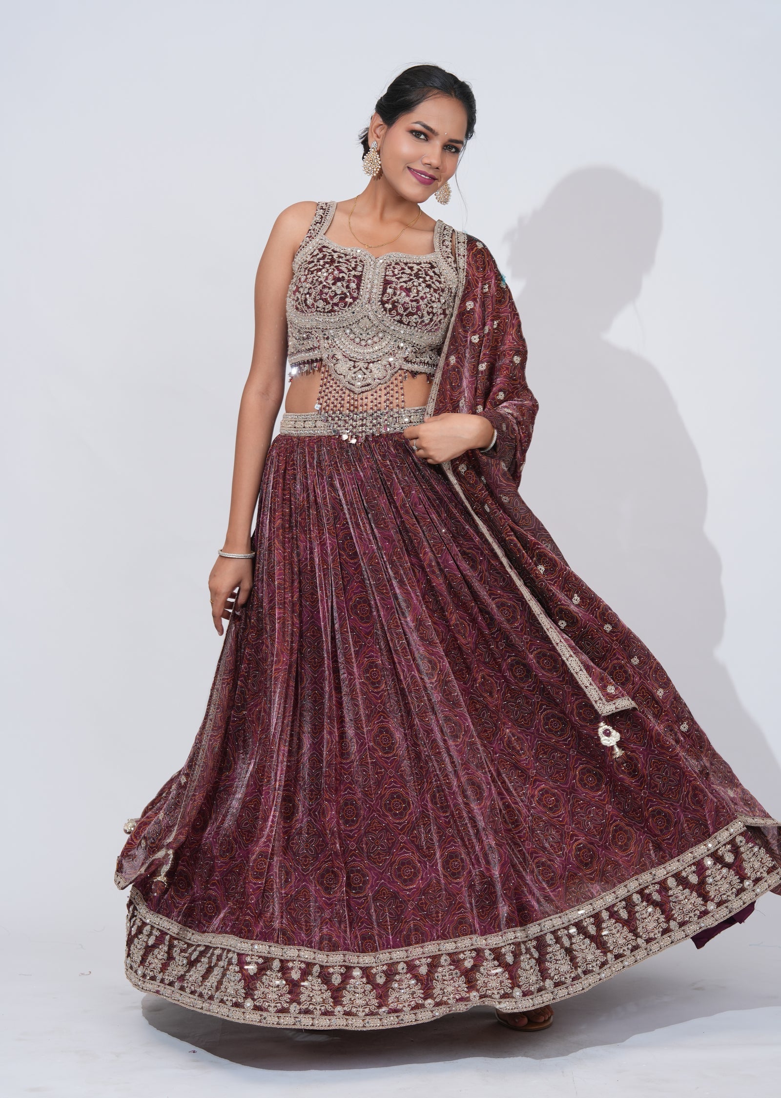 Wine Chinnon Lehenga Set