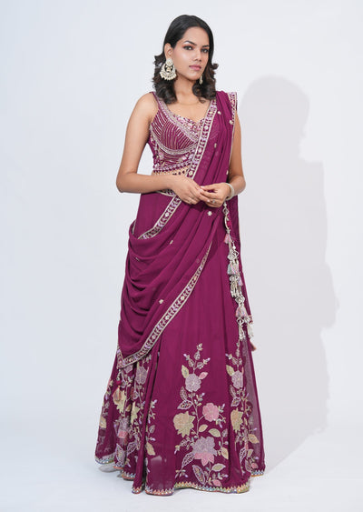 Wine Georgette Lehenga Set