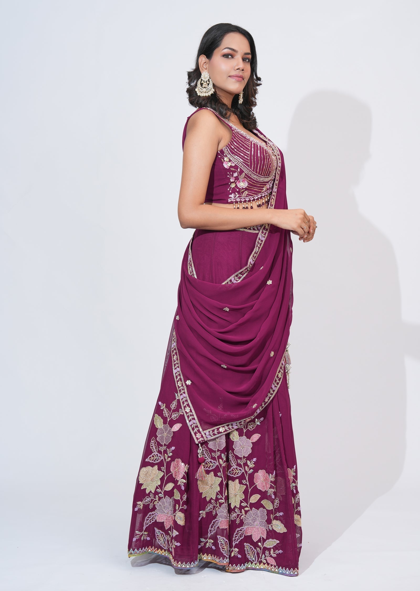 Wine Georgette Lehenga Set