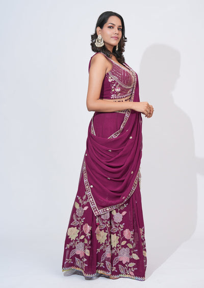Wine Georgette Lehenga Set