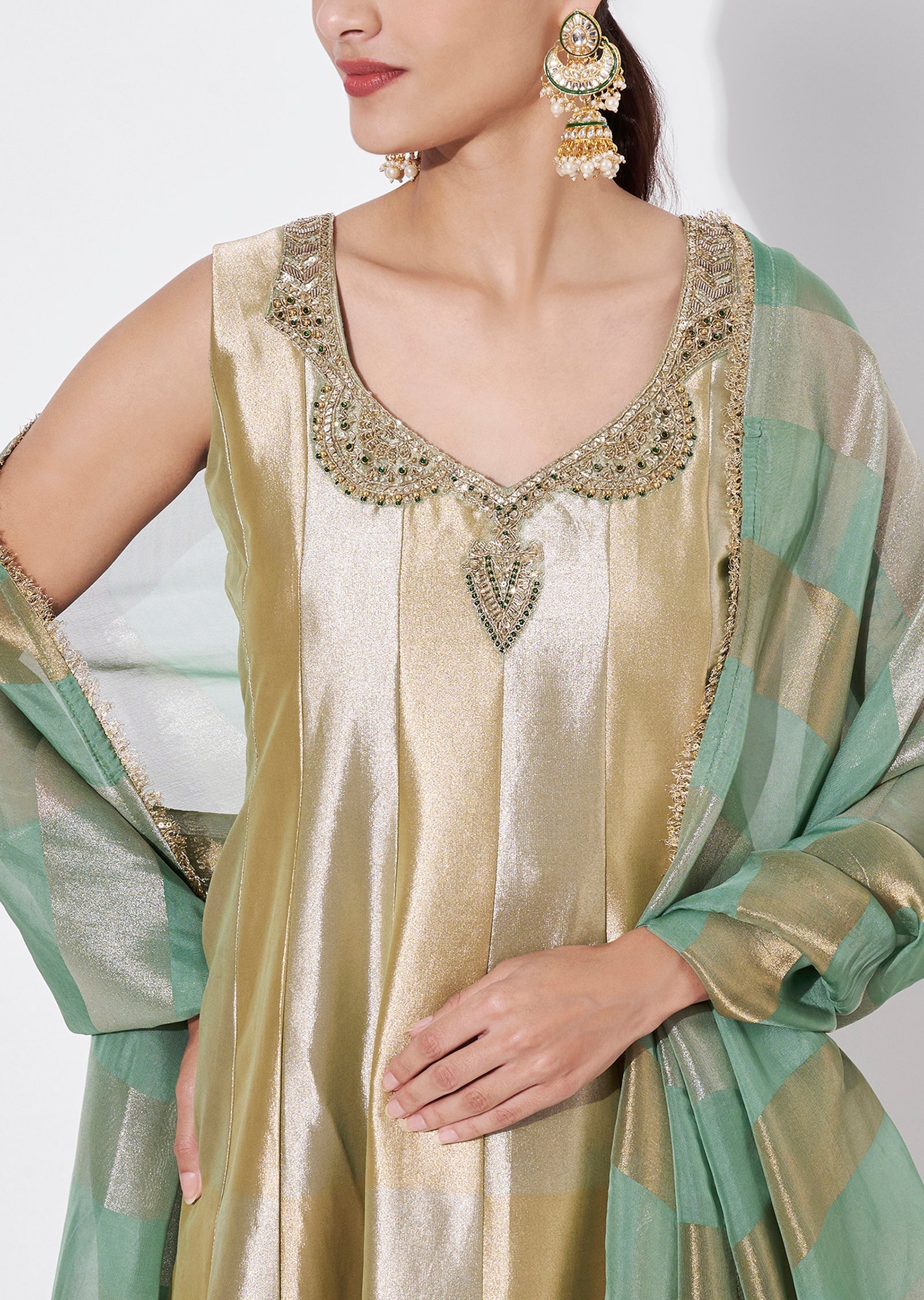 Green Tissue Anarkali Suit