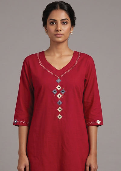 Red Cotton Kurti Set