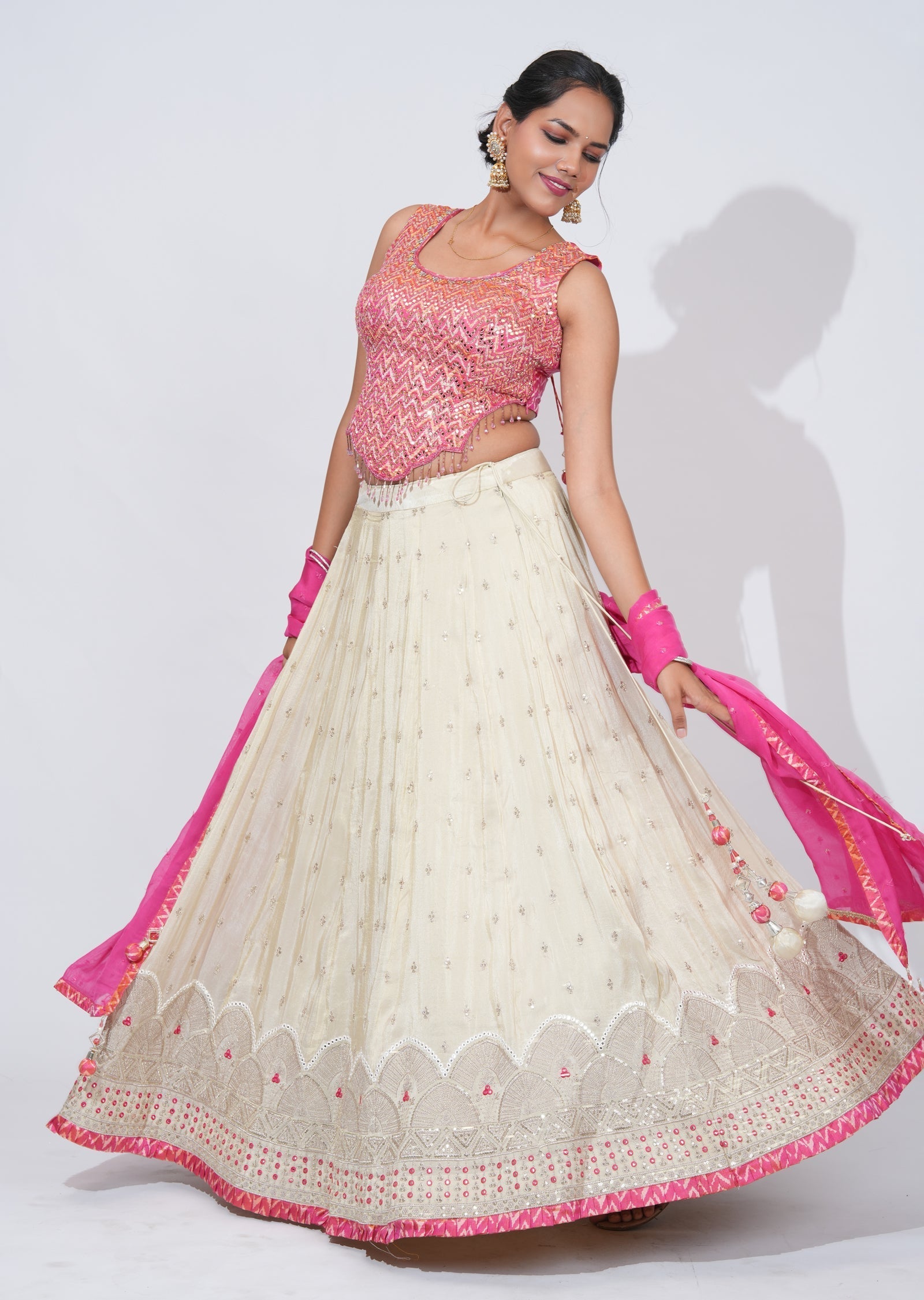 Cream Tissue Lehenga Set